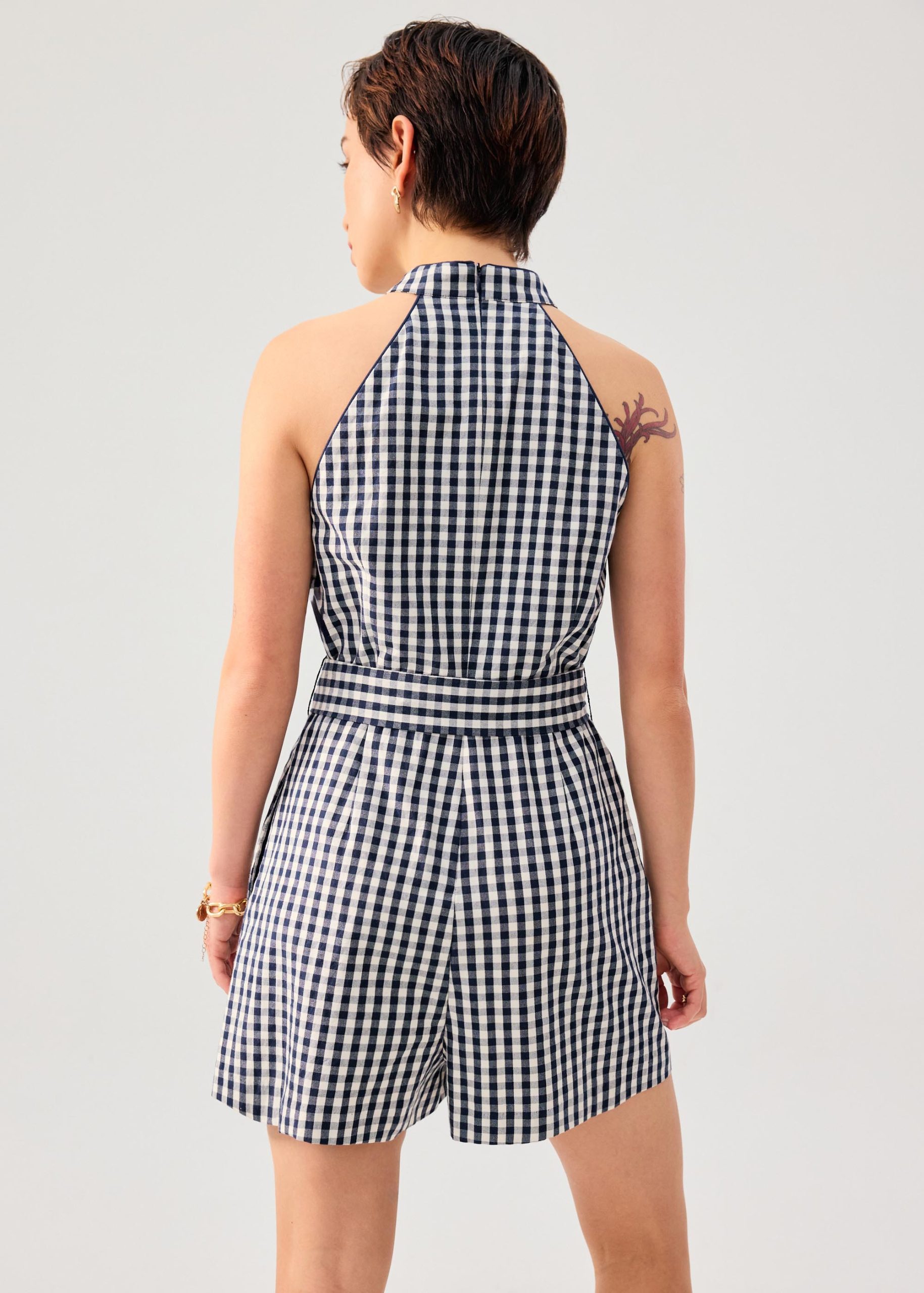 Gingham Cotton Mandarin Collar A-line Romper - Image 14