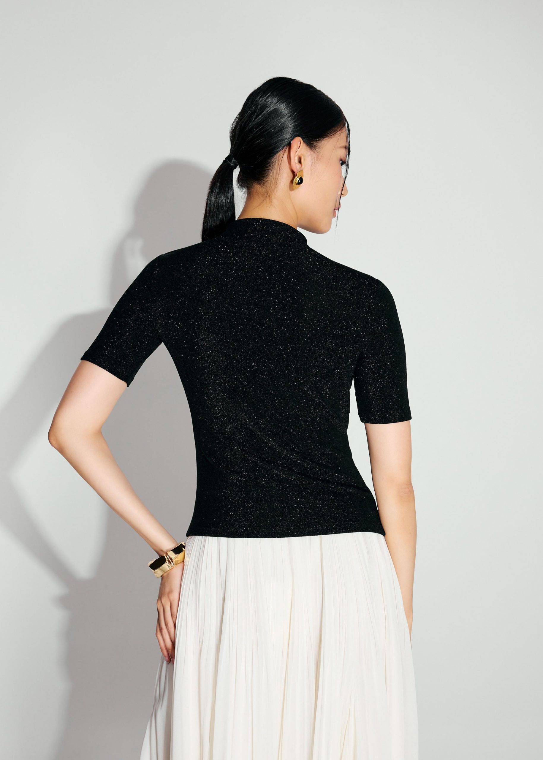 Lurex Jersey Cut Out Mock Neck Fitted Top - Image 5