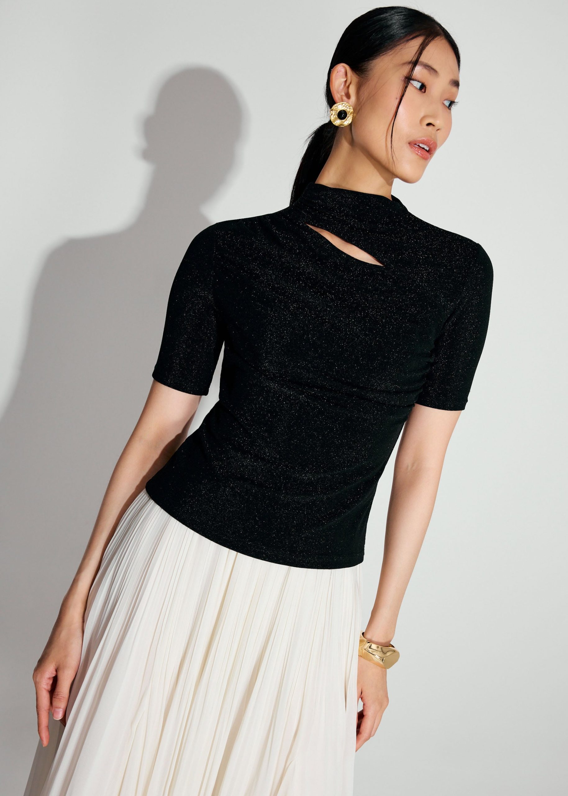 Lurex Jersey Cut Out Mock Neck Fitted Top - Image 7