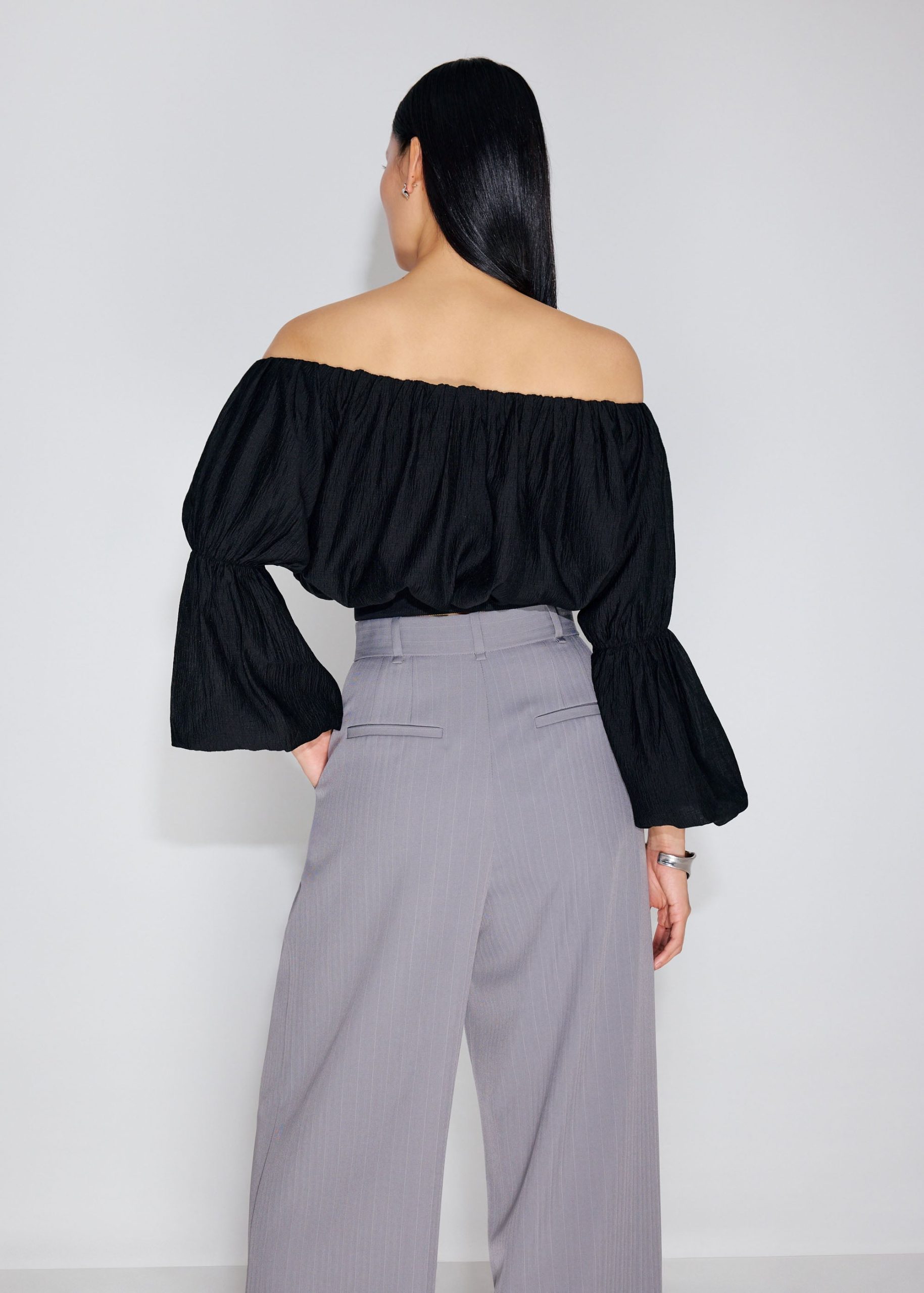 Elastic Lyocell Off-Shoulder Romantic Flare Sleeve Crop Top - Image 5