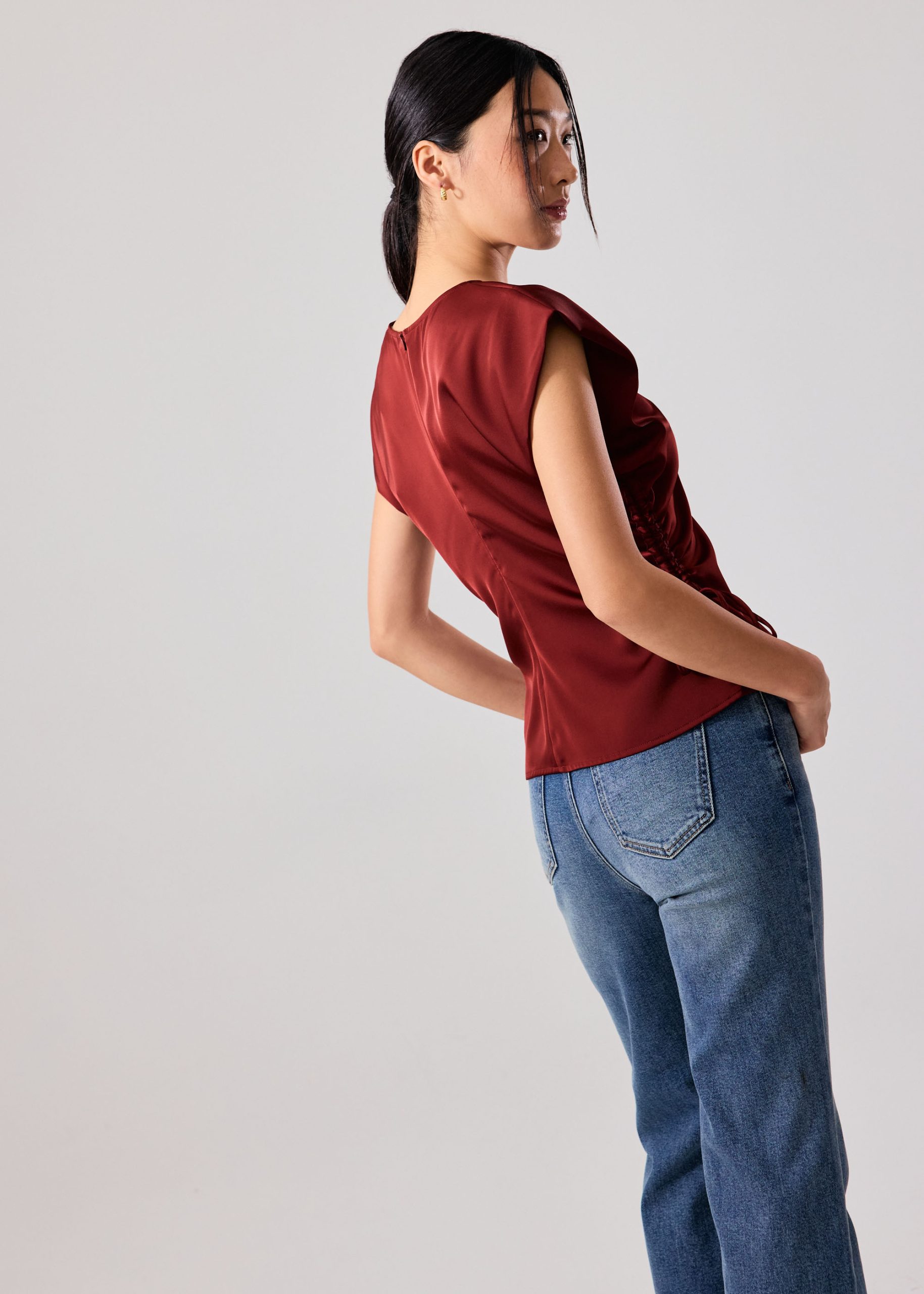 Ananya Side Ruching Satin Round Neck Top - Image 3