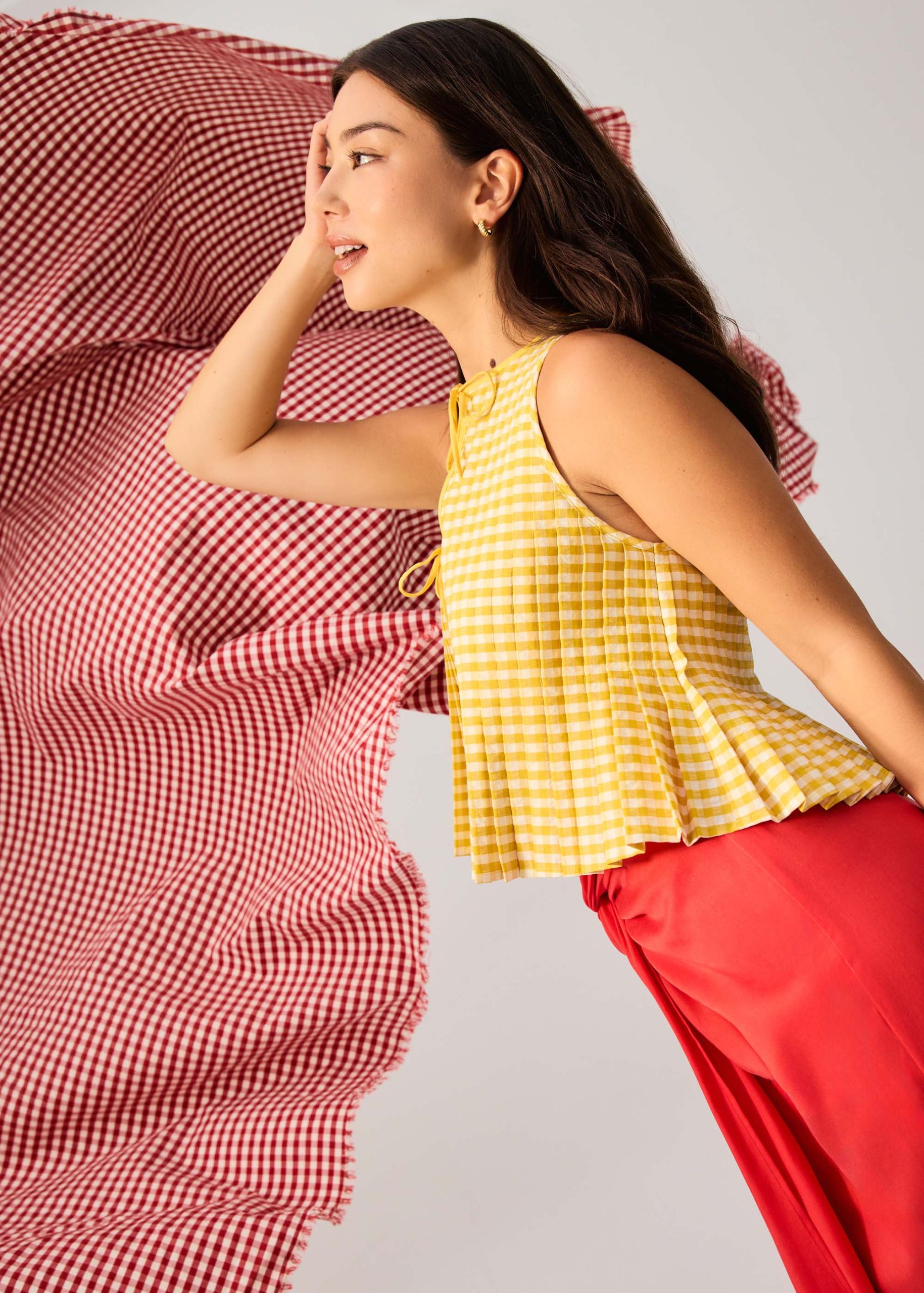 Gingham Cotton Pleated Front Tie Round Neck Babydoll Top