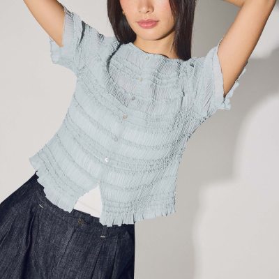 Sheer Crinkled Boat Neck Fitted Button Down Top