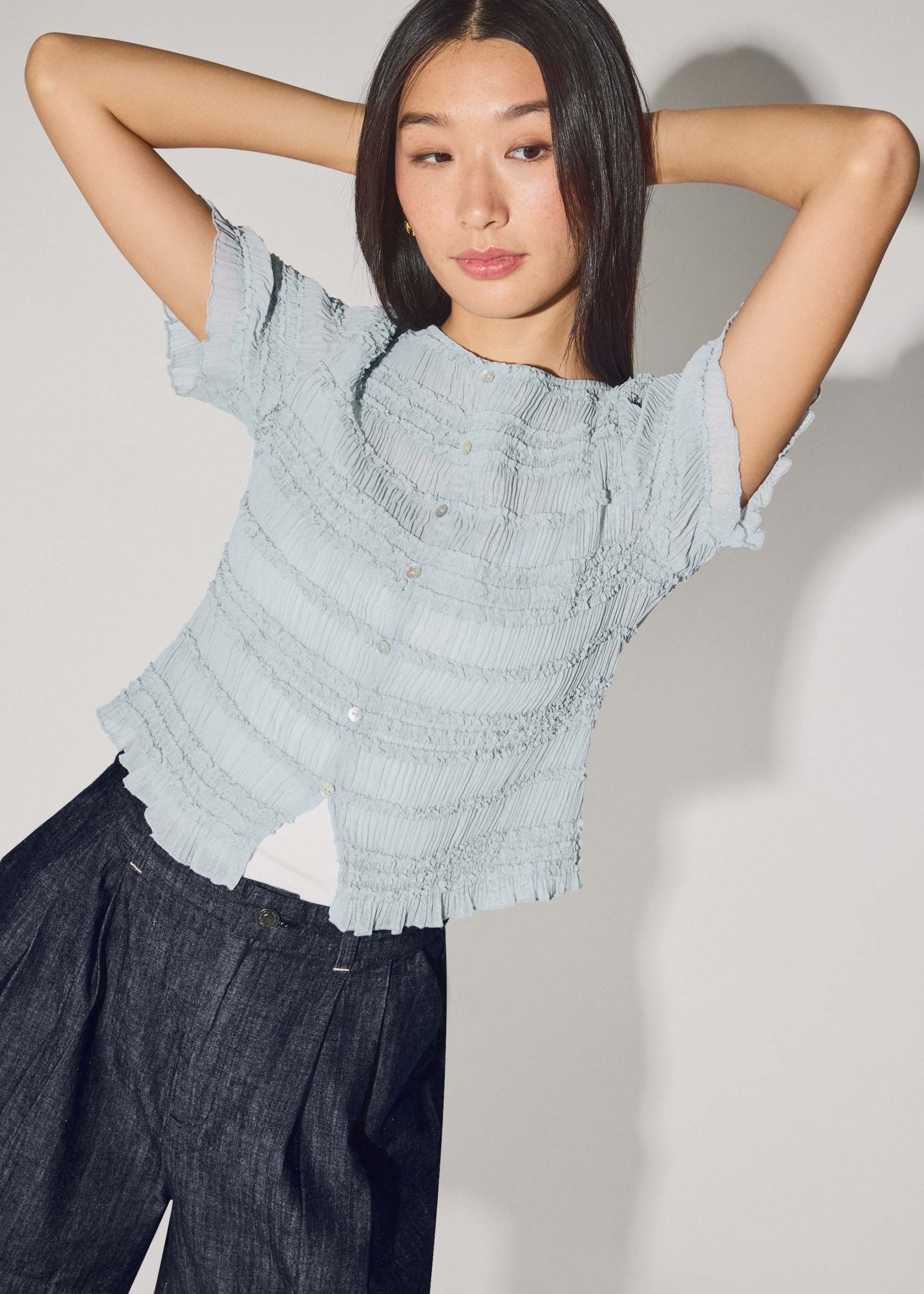 Sheer Crinkled Boat Neck Fitted Button Down Top