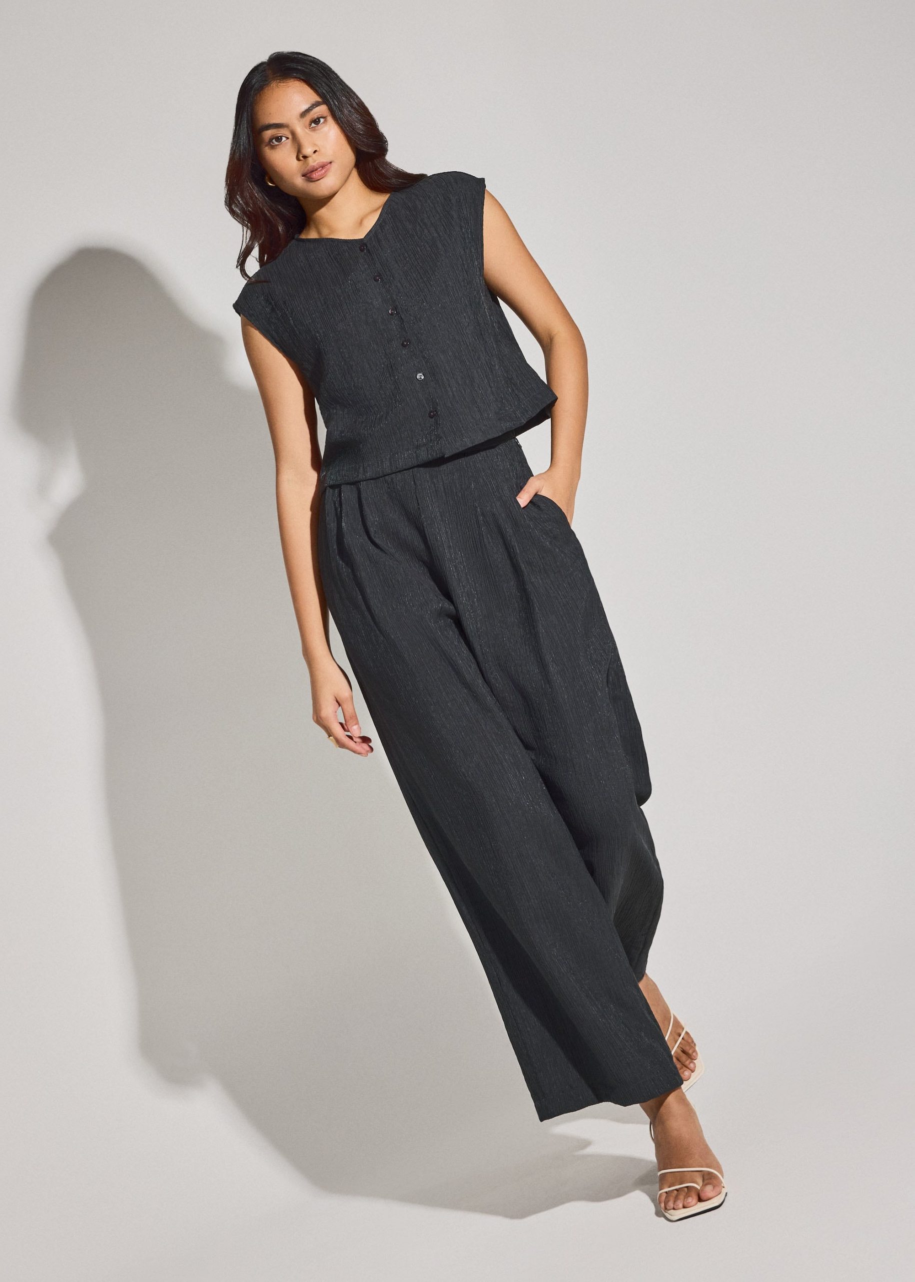 Elastic Textured Lyocell Mid Waist Straight Leg Pants - Image 2