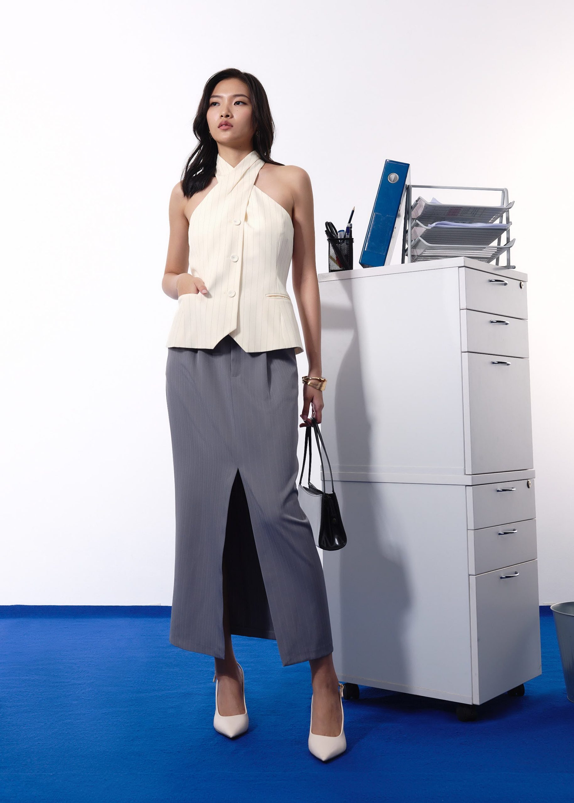 Akira Tailored Pinstripe Cross Over Halter Top - Image 19