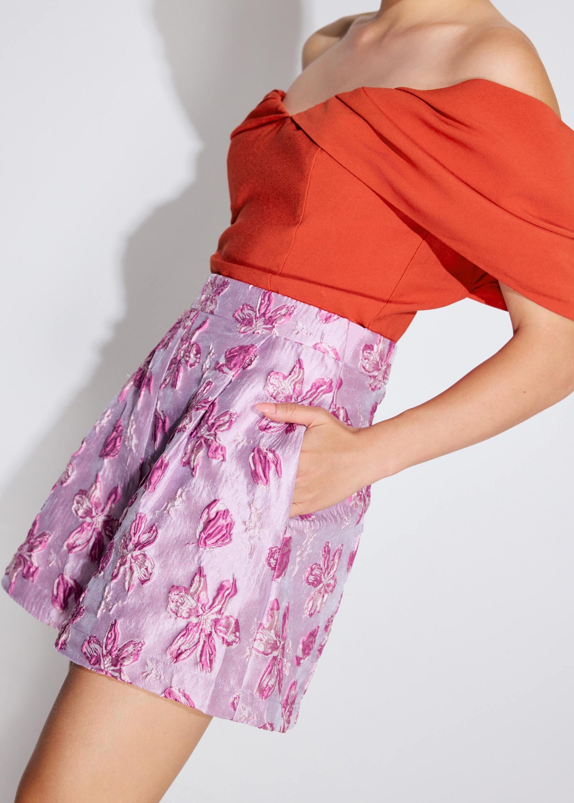 Floral Jacquard High Waist Shorts