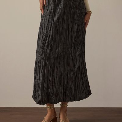 Leila Elastic Crinkled Pleats Flare Maxi Skirt
