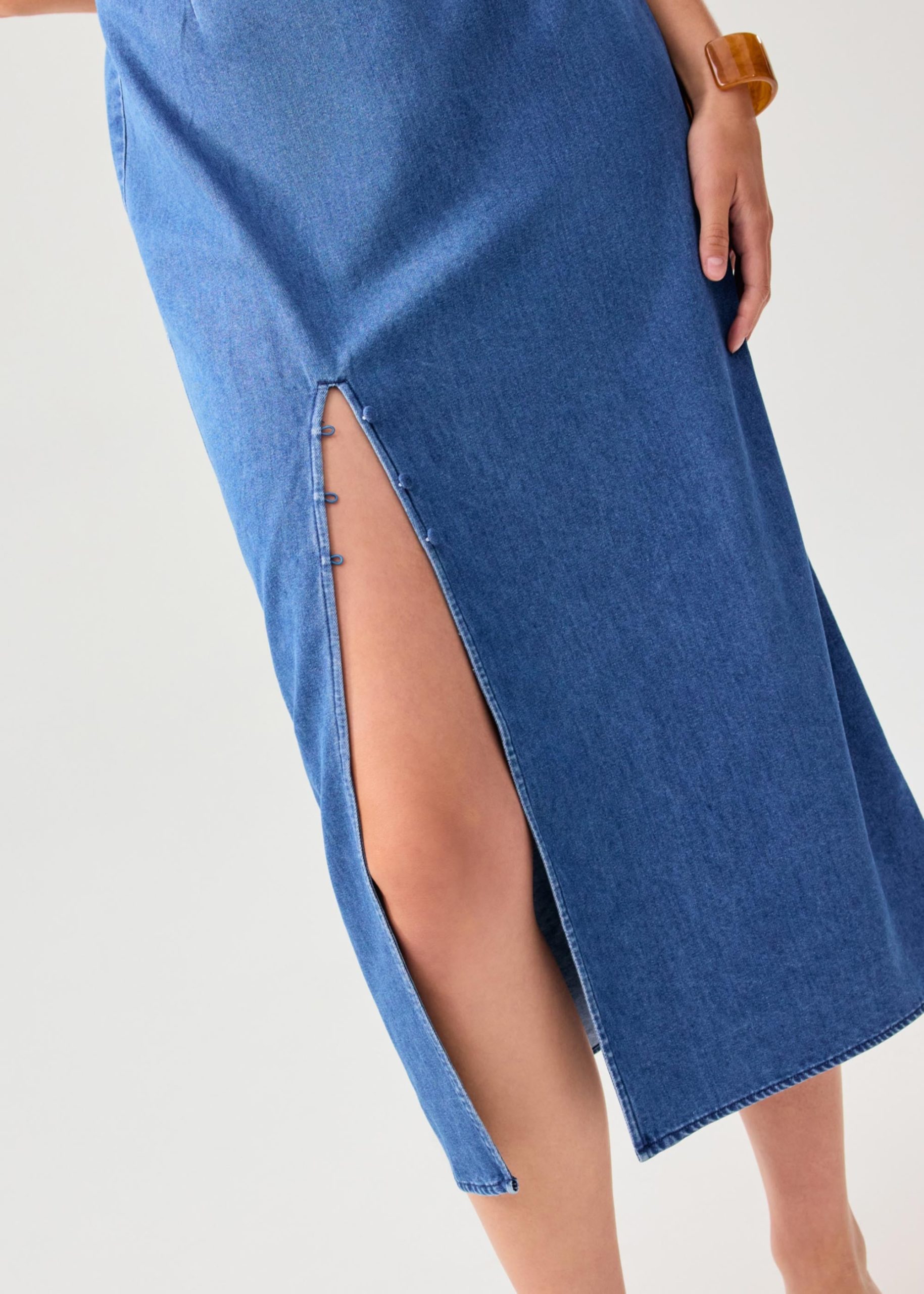 Denim Mandarin Collar Column Midaxi Dress - Image 5