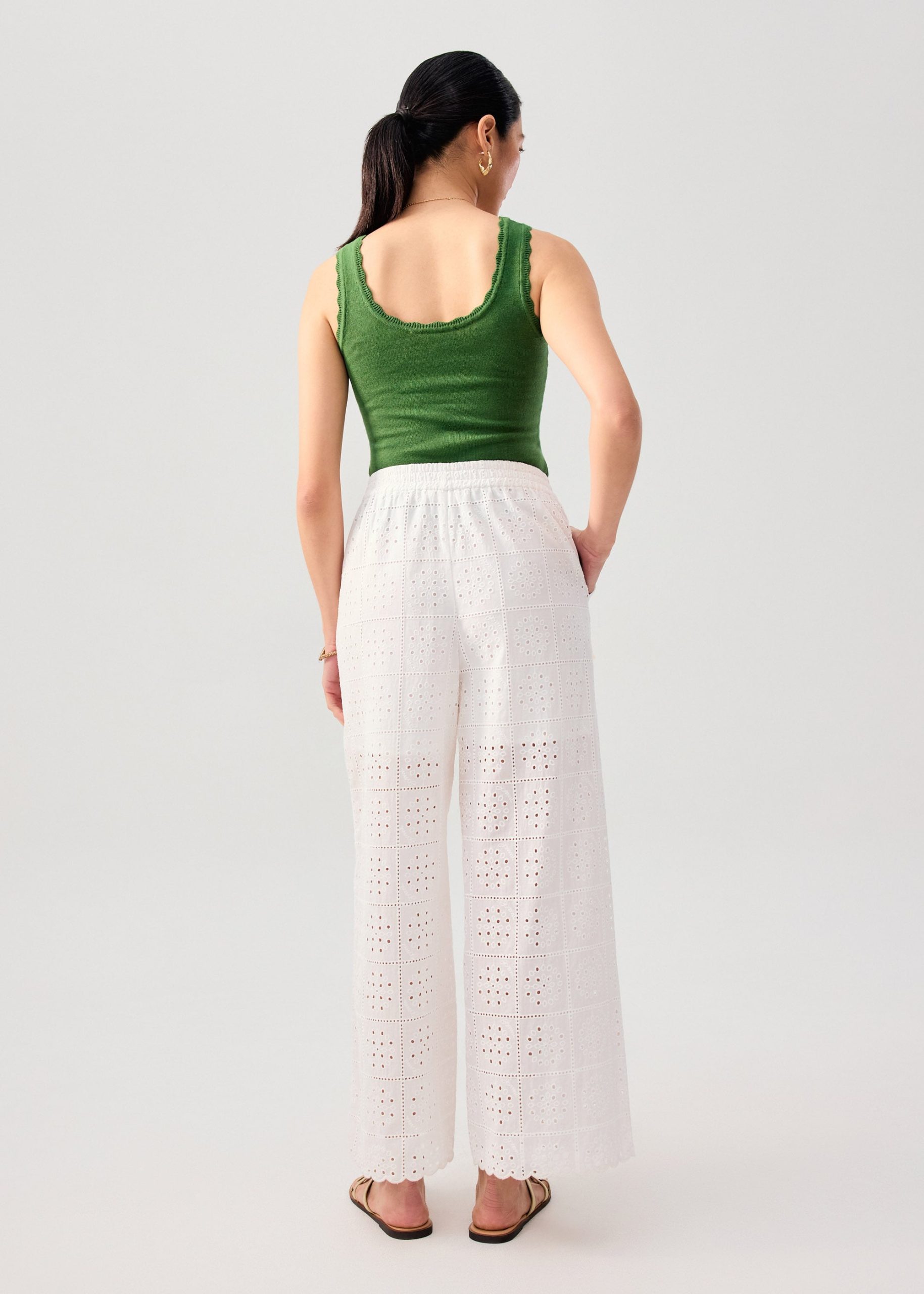 Elastic Cotton Broderie Mid Waist Straight Leg Pants - Image 6