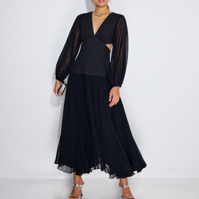 BraFree by LB Cut Out Georgette V-neck Puff Sleeve Fit & Flare Maxi Dress