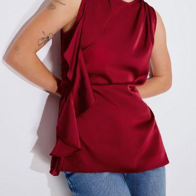 Tanya Ruffle Sash Satin Tunic Top