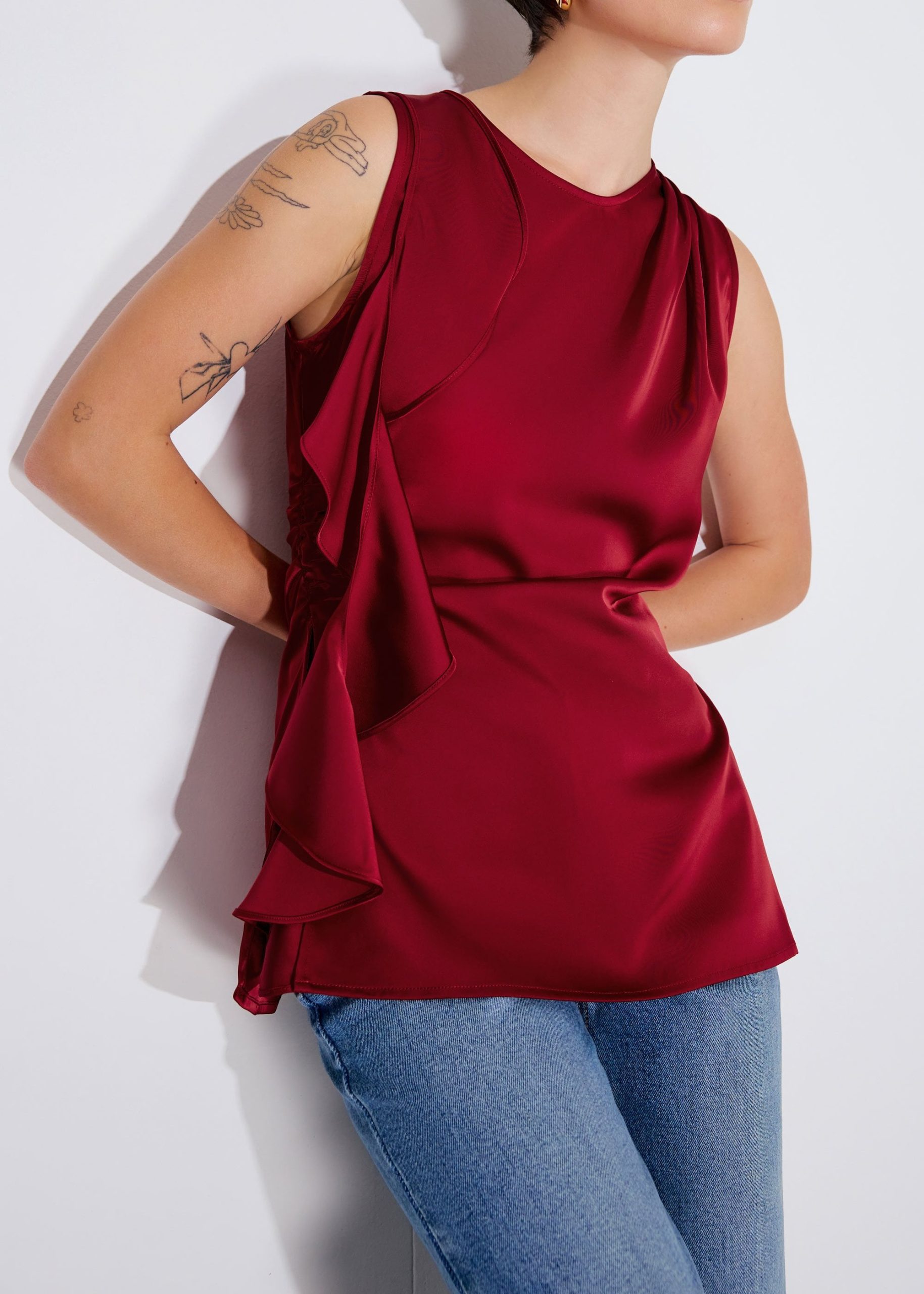 Tanya Ruffle Sash Satin Tunic Top