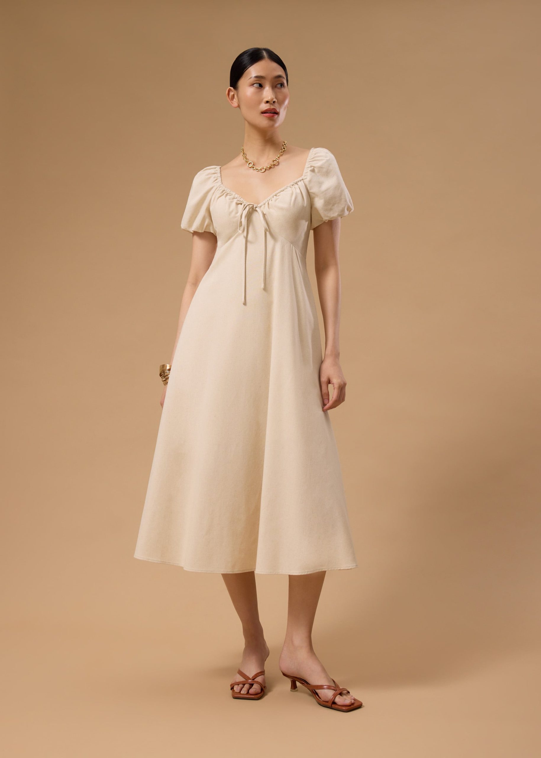 BraFree by LB Linen Sweetheart Puff Sleeve Midaxi Dress