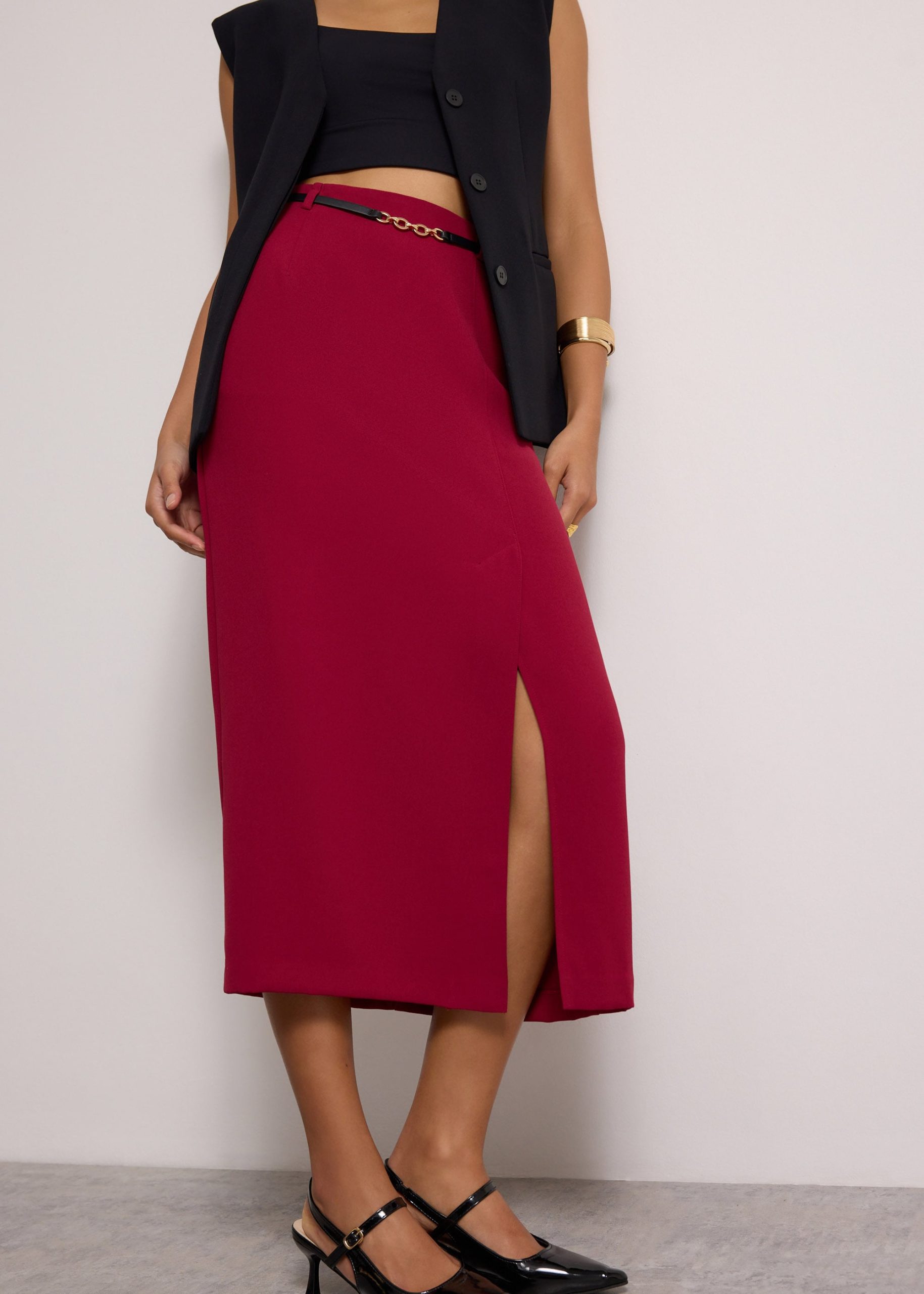 Emily Tailored Crepe Side Slit Column Midaxi Skirt - Image 9