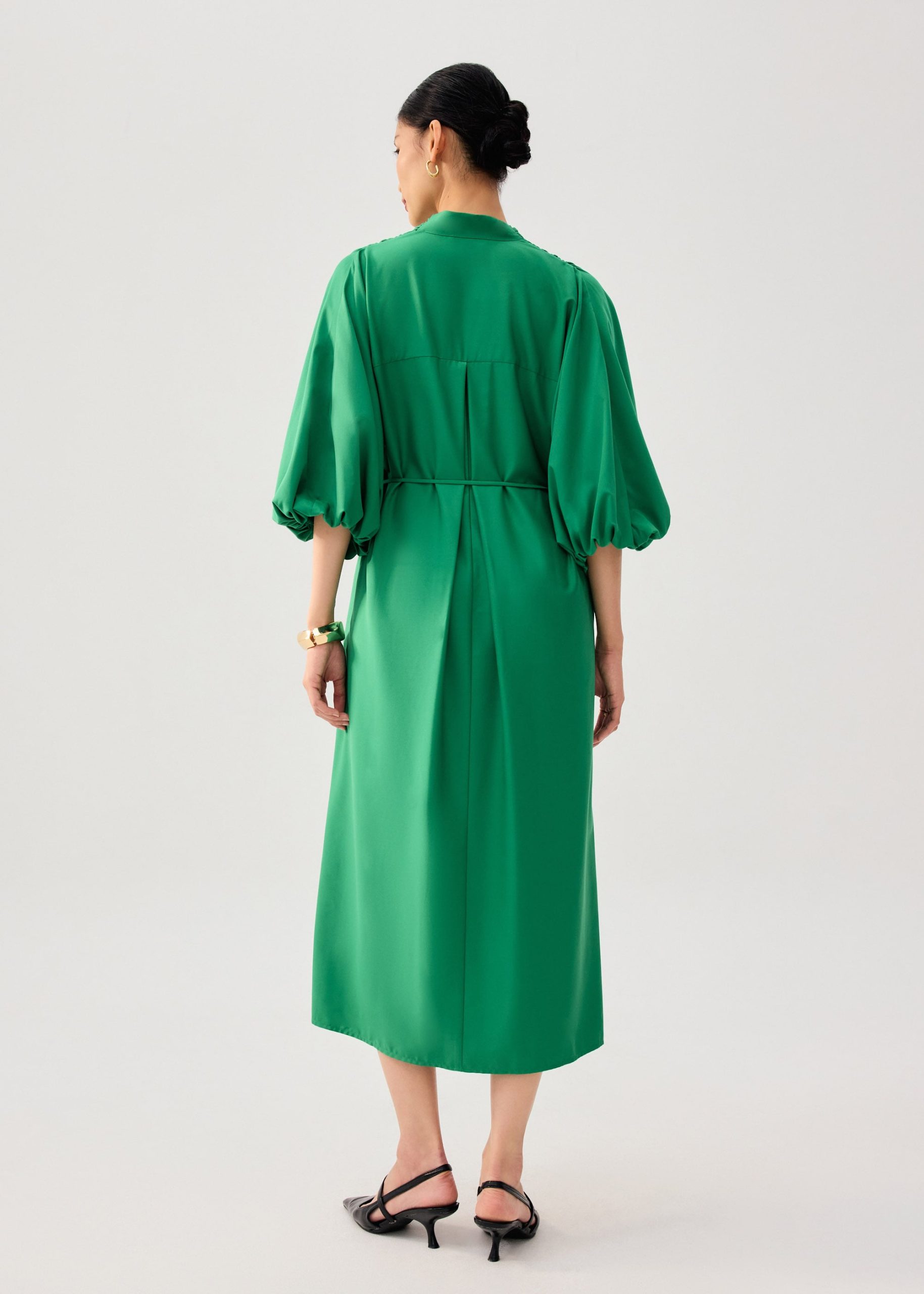 Detachable Sash Tie Puff Sleeve Cocoon Midaxi Dress - Image 17