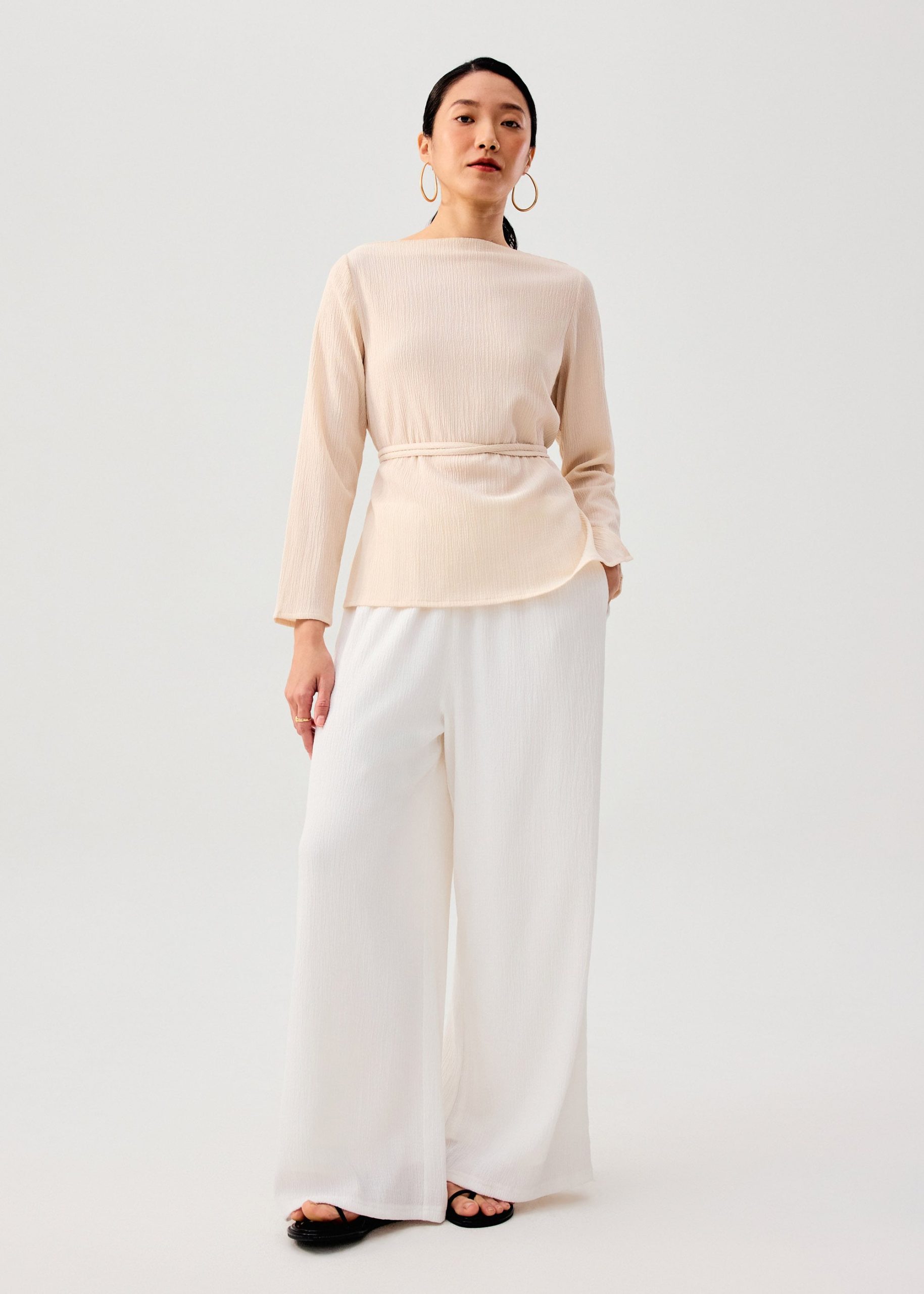 Sash Tie Crinkled Boat Neck Top - Image 7