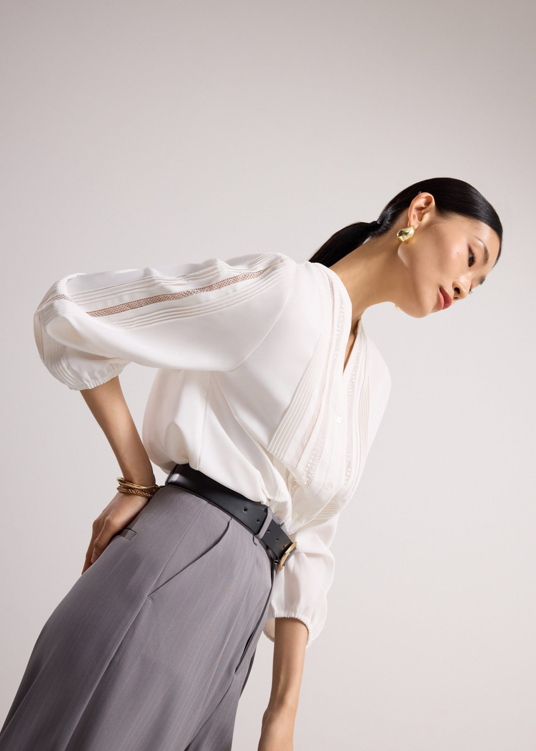 Chea Lace Trim Pintuck Button Down Blouse - Image 4