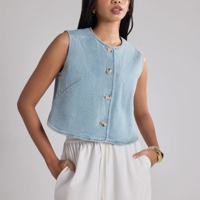 Relaxed Denim Round Neck Button Down Vest Top