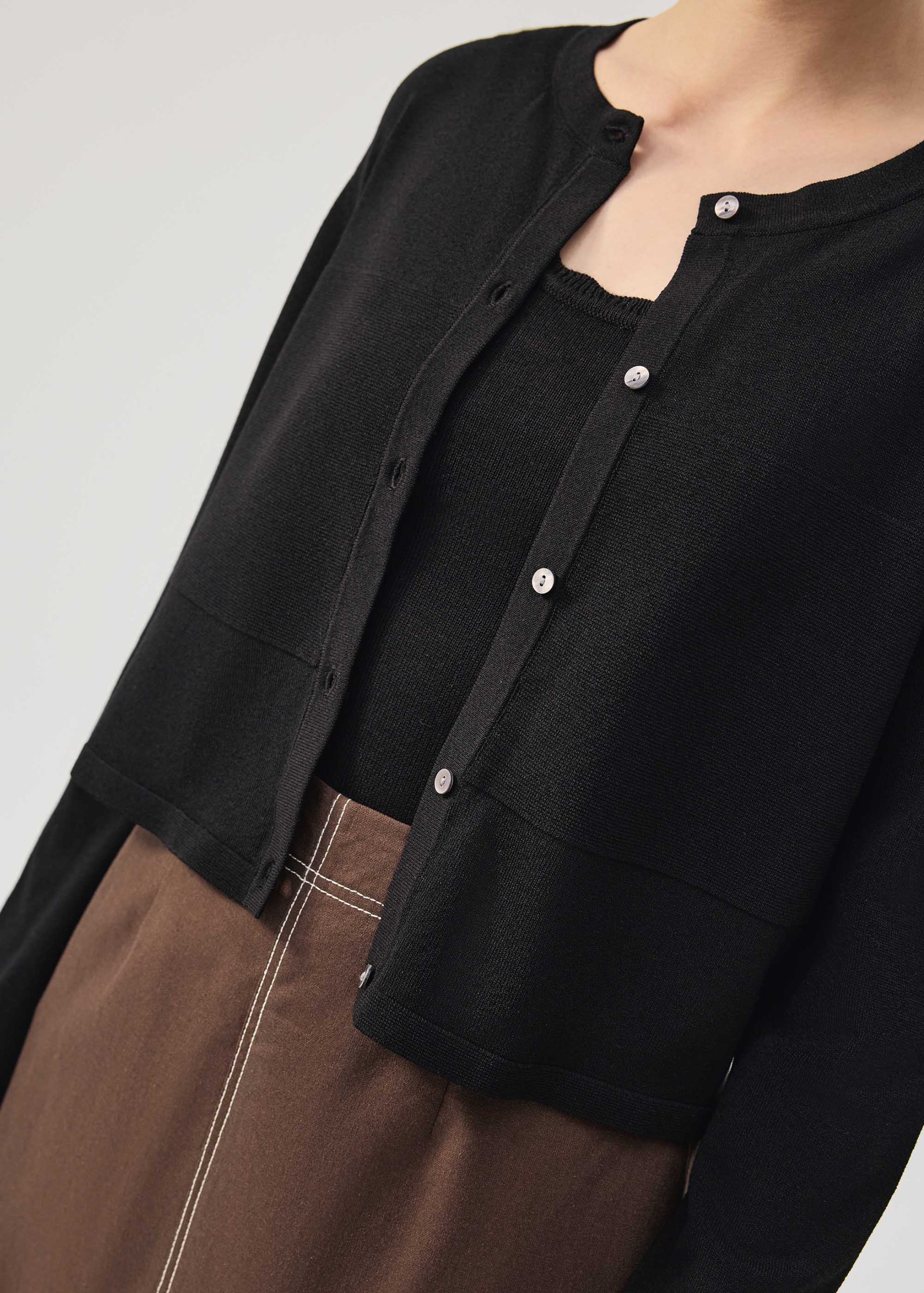 Sheer Knit Front Panel Round Neck Cardigan - Image 2
