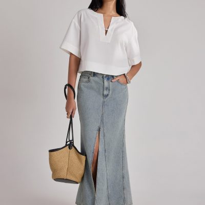 Denim Low Rise Trumpet Skirt