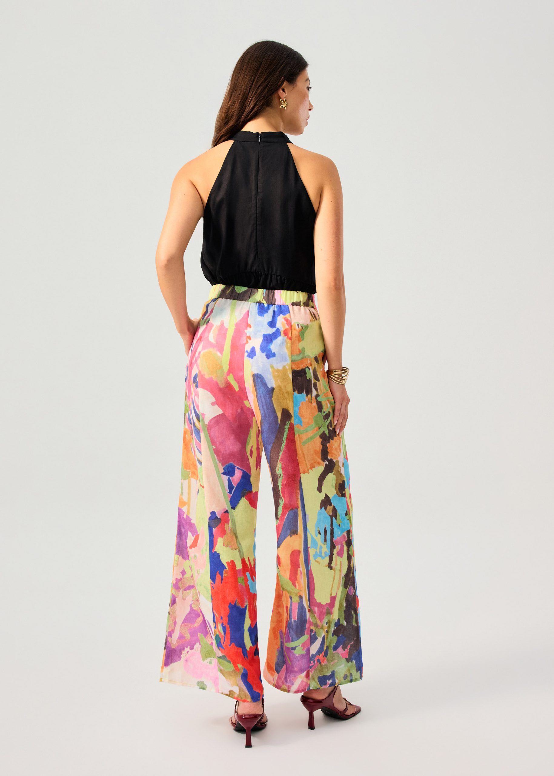 Elastic Panelled Mid Waist Wide Leg Pants in Vivid Blooms - Image 6