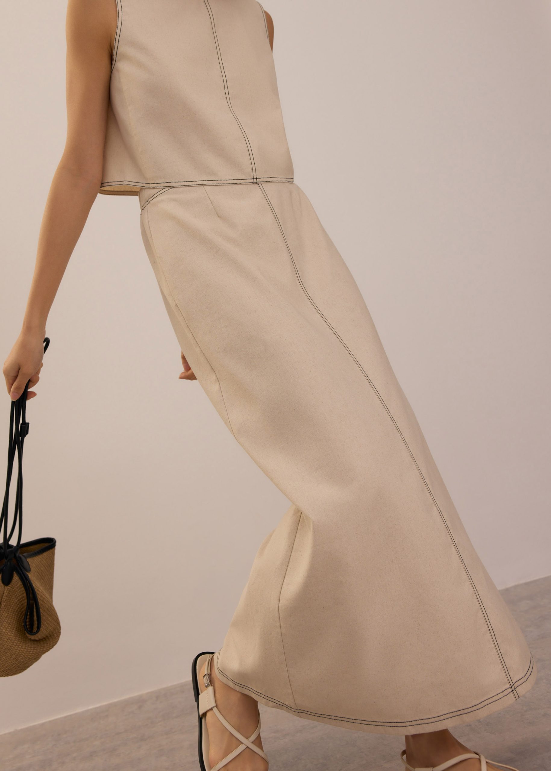 Elastic Contrast Stitch High Waist A-line Maxi Skirt - Image 35
