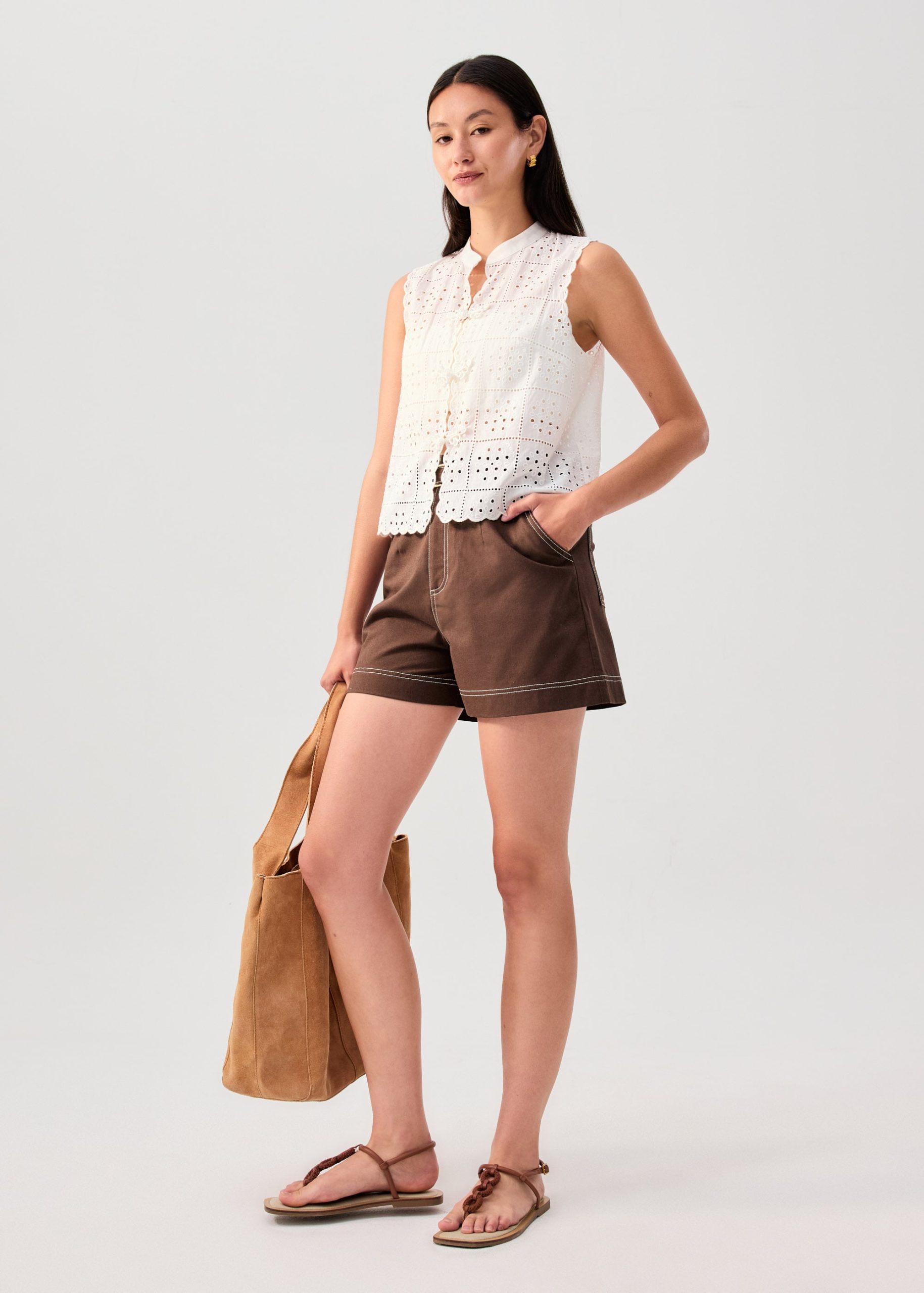 Cotton Broderie Mandarin Collar Top - Image 3