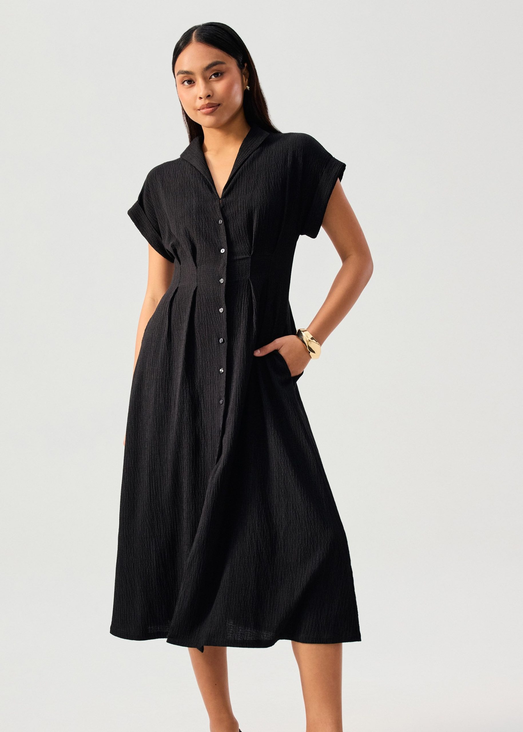 Crinkled Collared Button Down Fit & Flare Midi Dress - Image 5