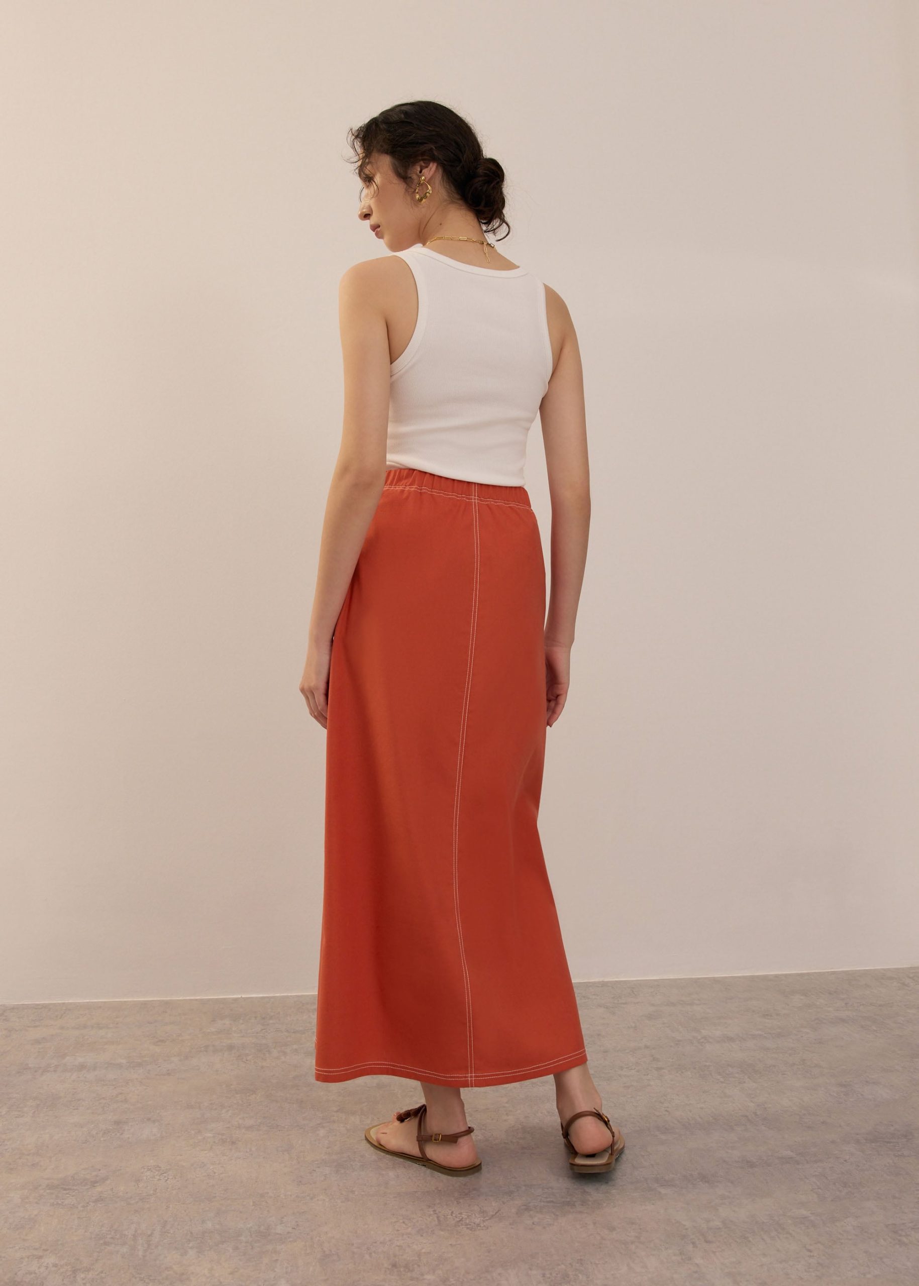 Elastic Contrast Stitch High Waist A-line Maxi Skirt - Image 31