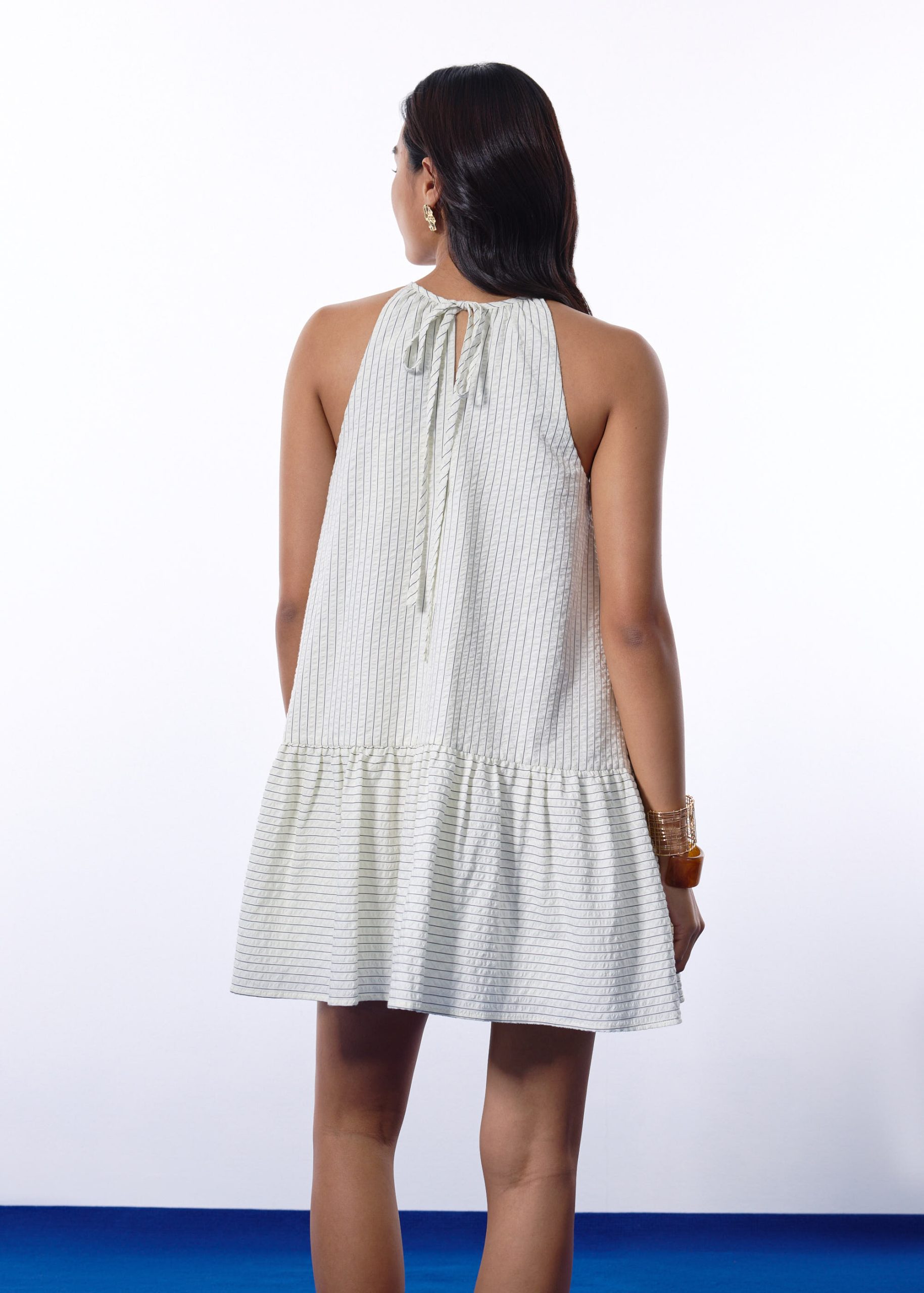 Pinstripe Seersucker Halter Trapeze Mini Dress - Image 4