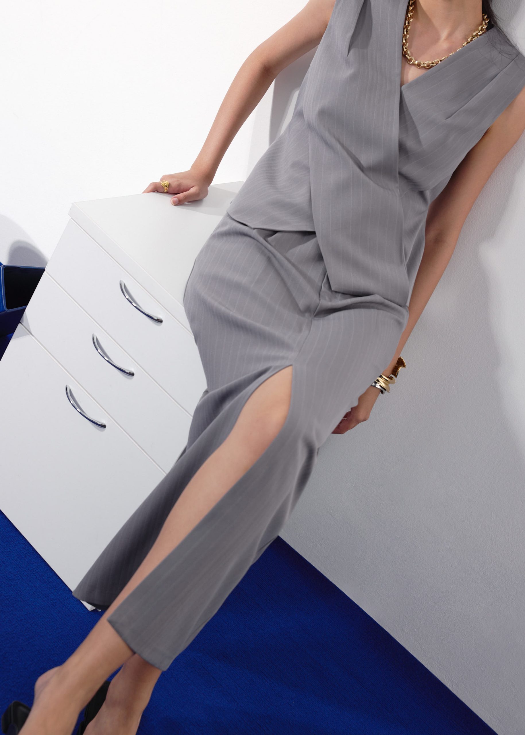 Blake Tailored Pinstripe Front Slit Column Maxi Skirt - Image 6