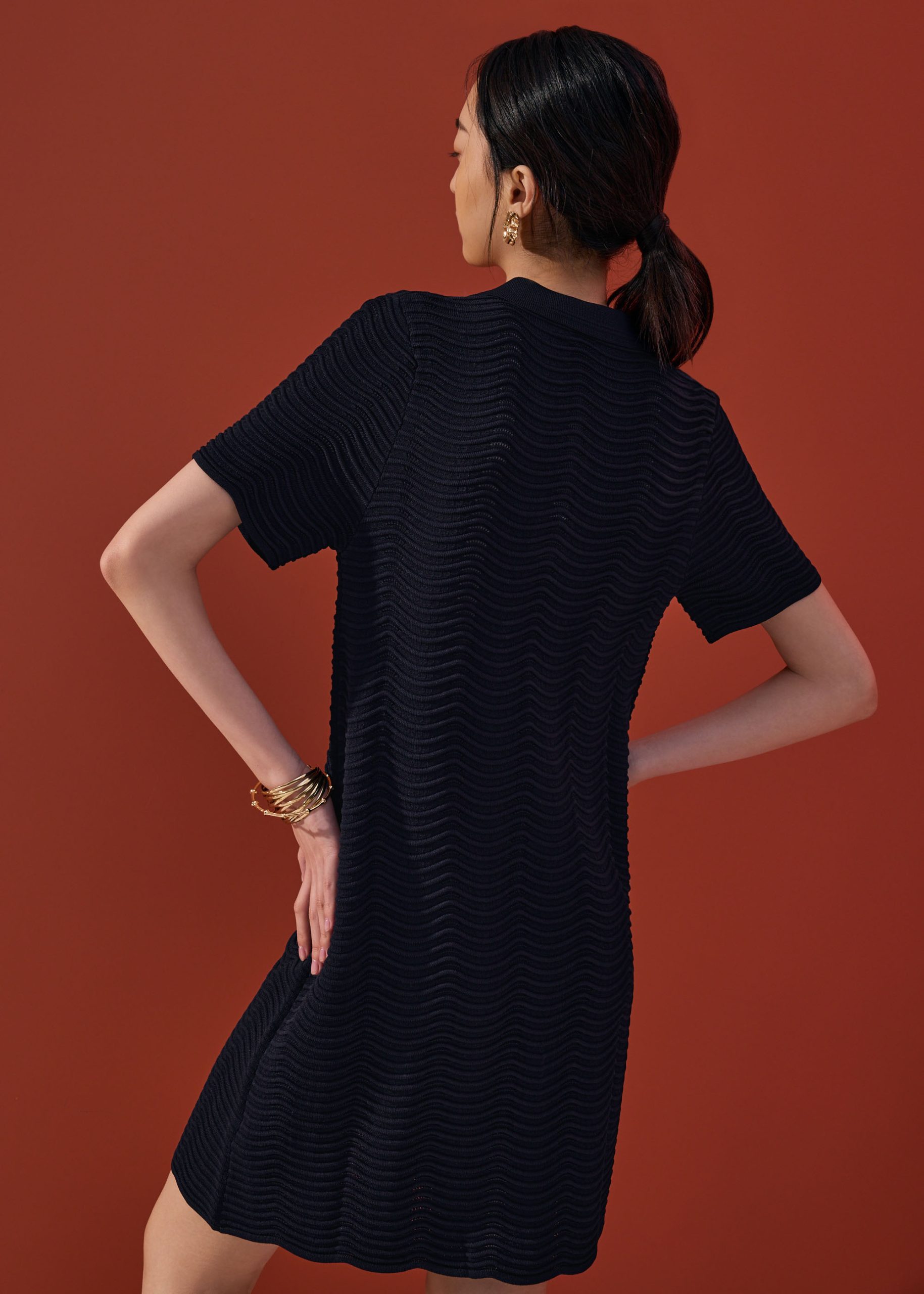 Wavy Knit Collared A-Line Mini Dress - Image 9