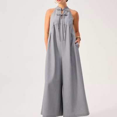 Chambray Mandarin Collar Wide Leg Jumpsuit in Light Grey