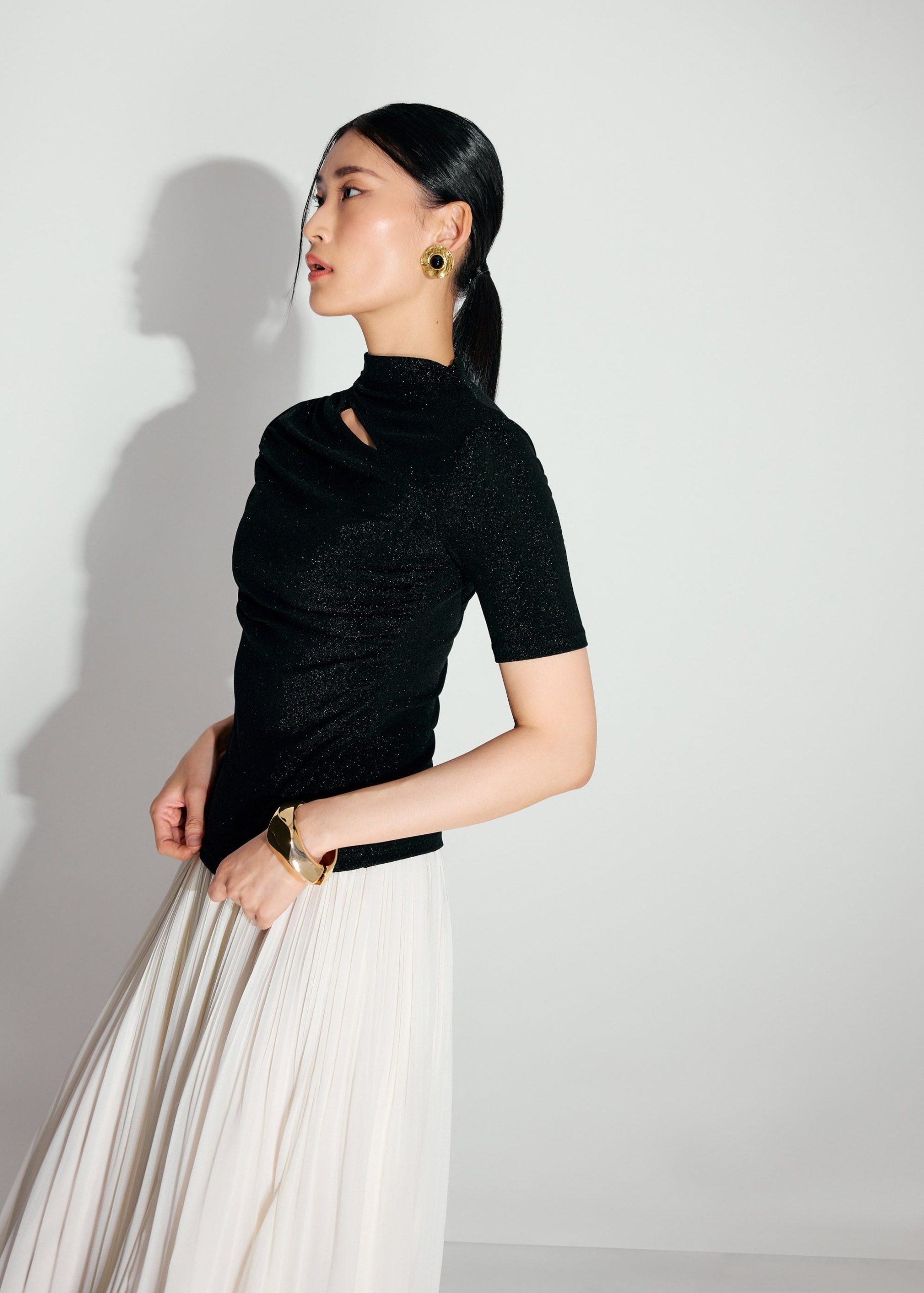 Lurex Jersey Cut Out Mock Neck Fitted Top - Image 6
