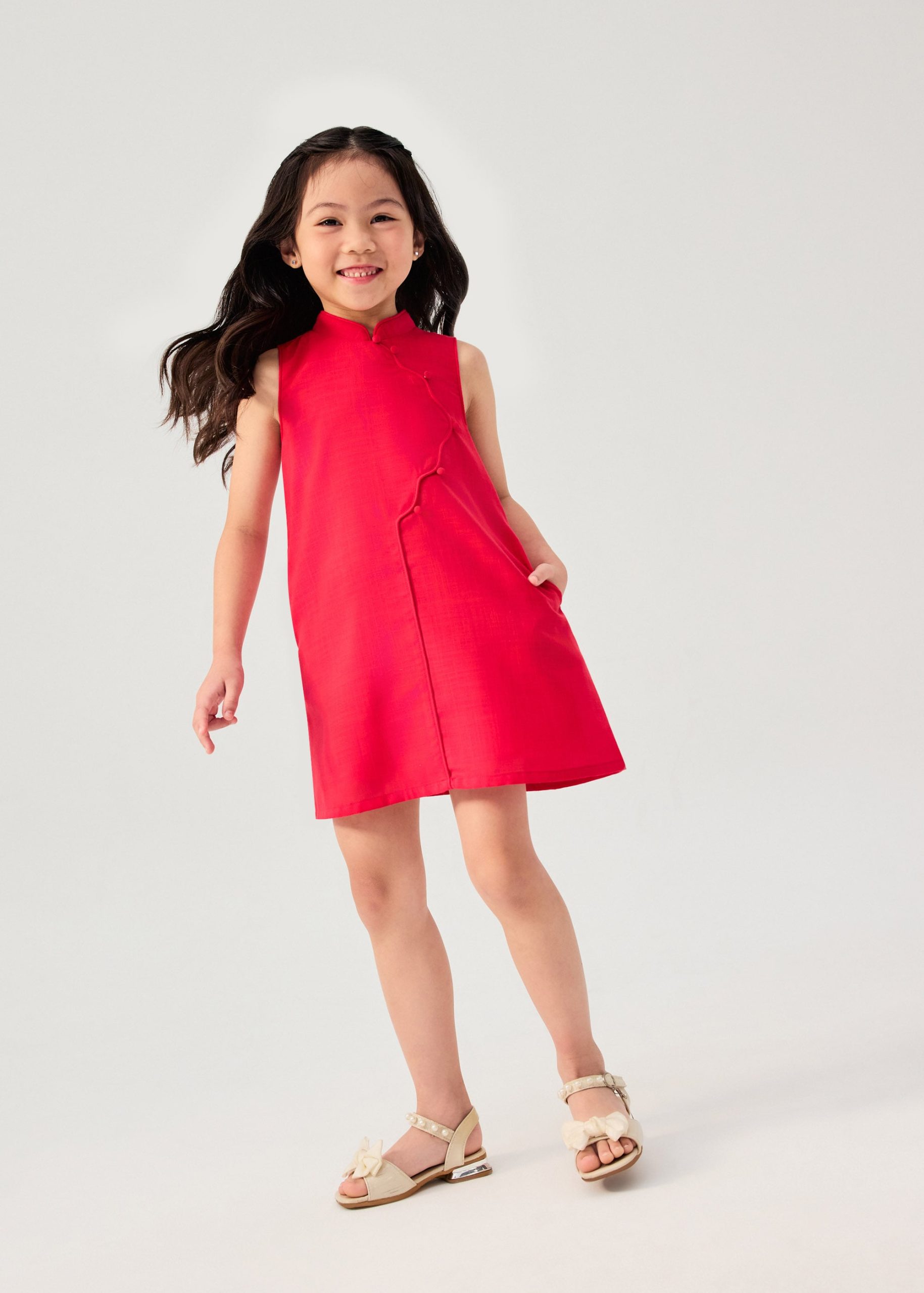 Girls' Mandarin Collar Scallop Edge Shift Midi Dress - Image 5