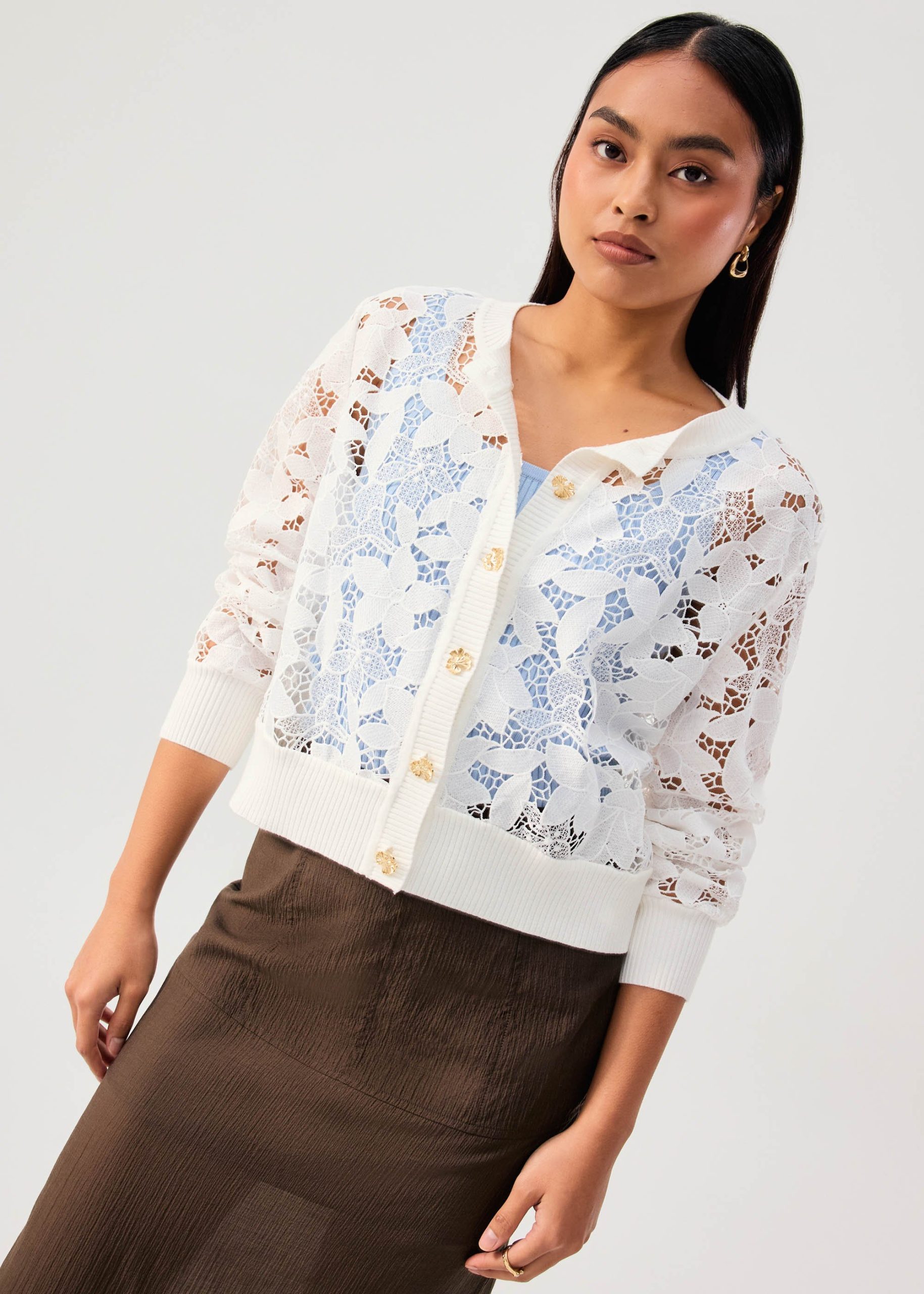 Floral Lace Knit Round Neck Cardigan - Image 6