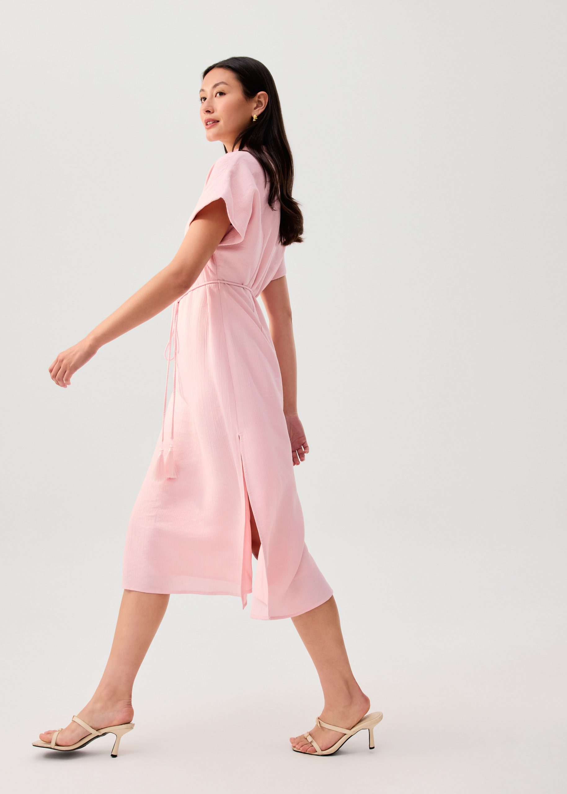 Detachable Sash Tie Crinkled Mandarin Collar Column Midi Dress - Image 11