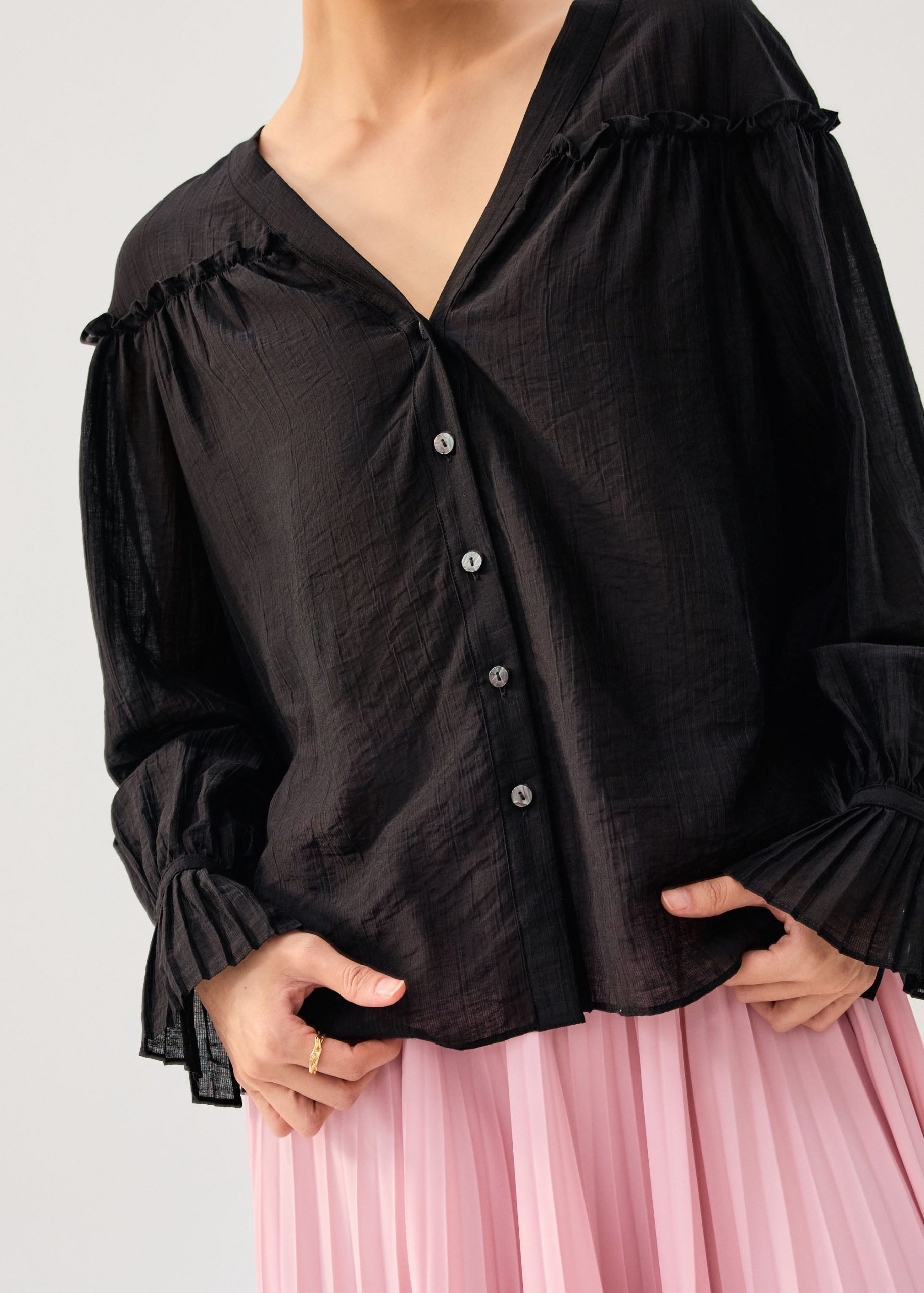 Relaxed Ruffle Trim Lyocell V-neck Long Blouse - Image 2