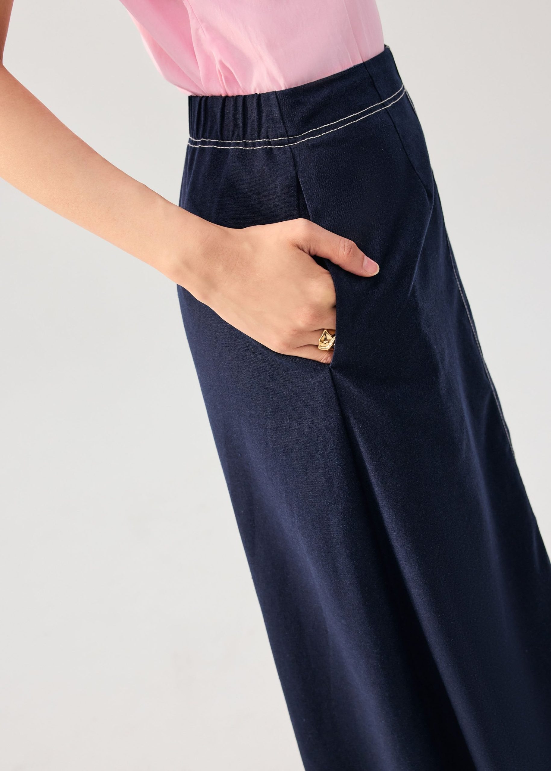 Elastic Contrast Stitch High Waist A-line Maxi Skirt - Image 3