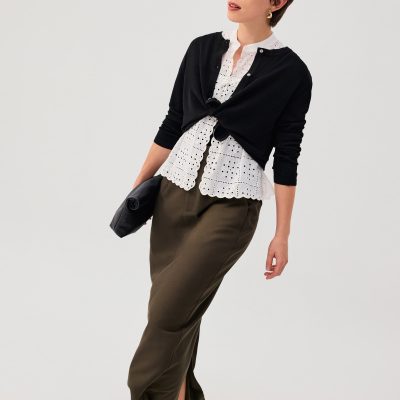 Sheer Knit Front Panel Round Neck Cardigan