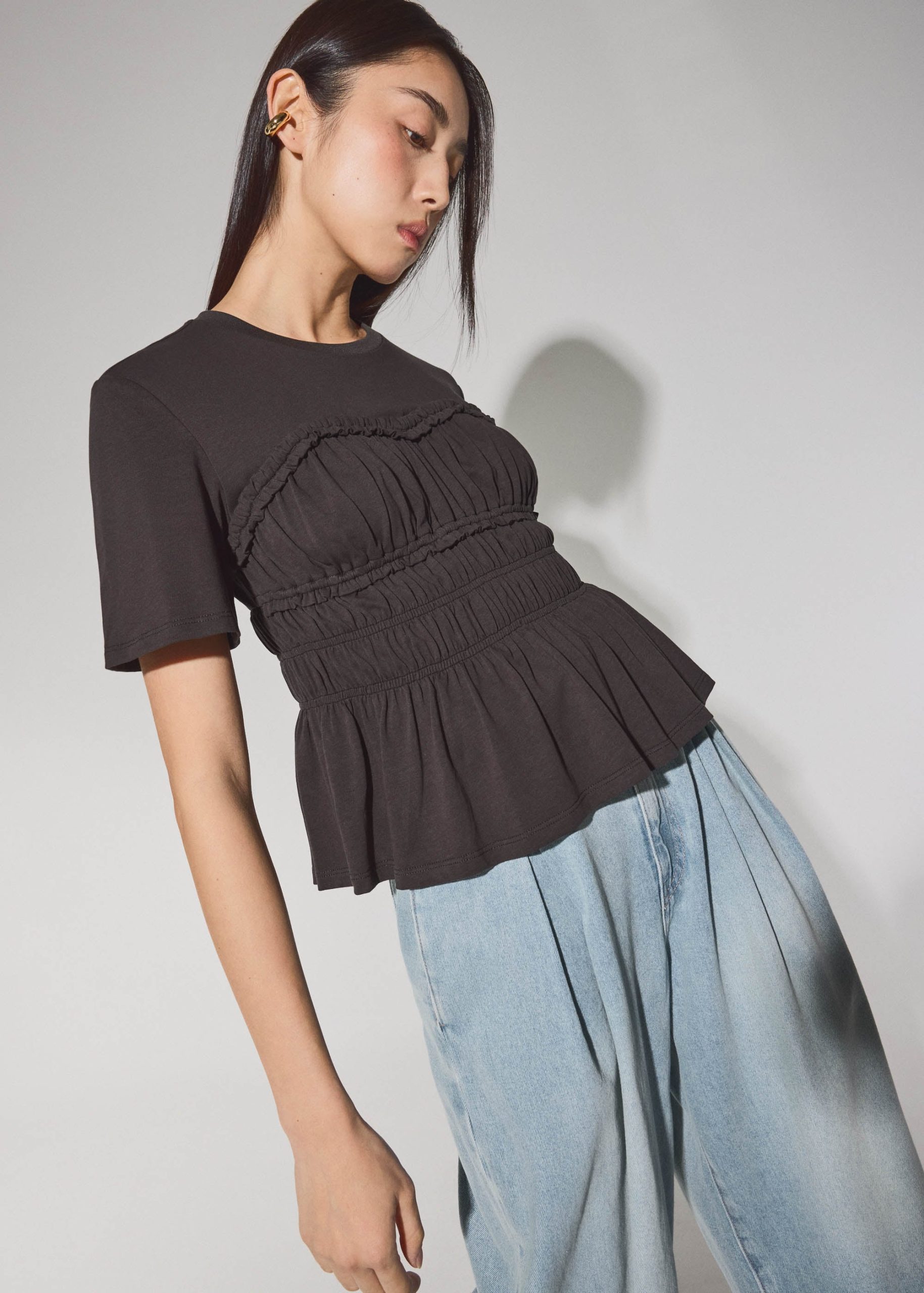 Jersey Ruched Bodice Round Neck Peplum Top - Image 9