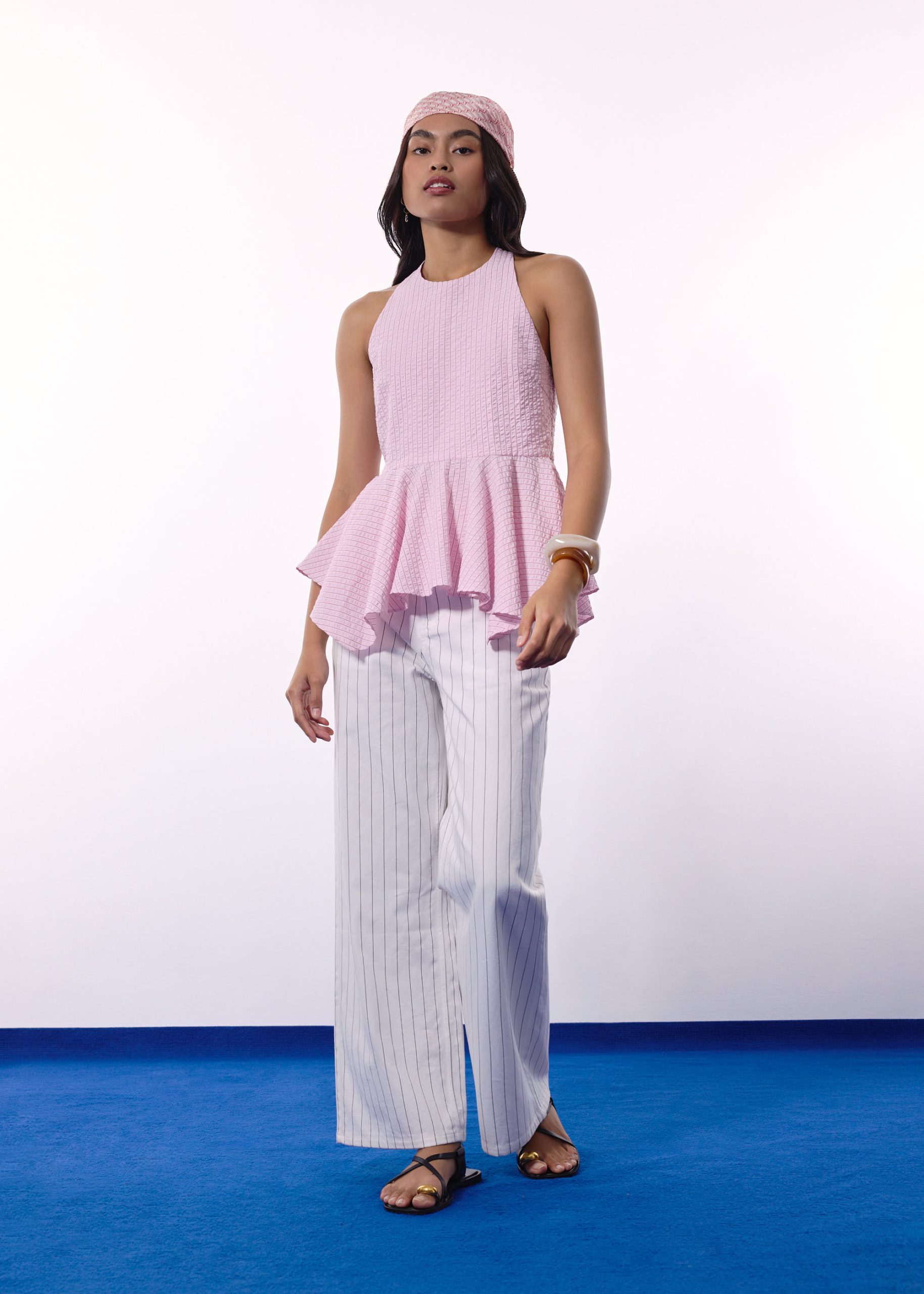 Pinstripe Seersucker Halter Peplum Top - Image 6