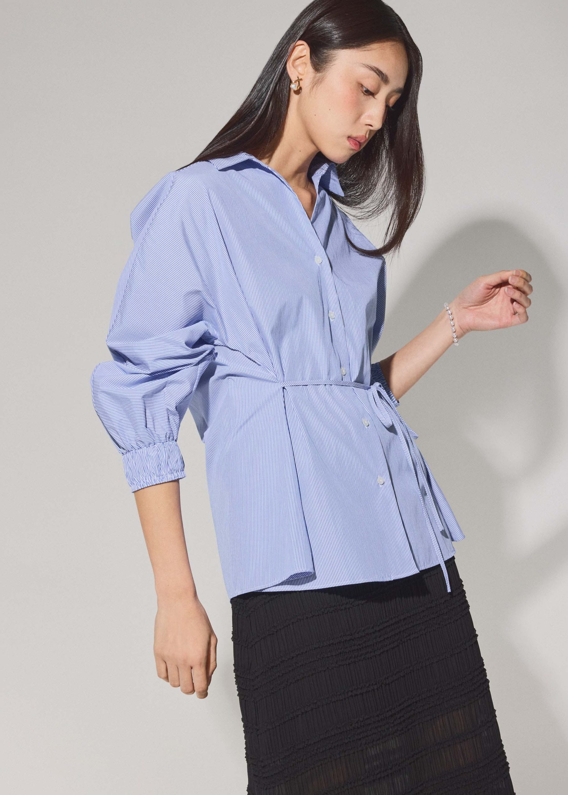 Striped Cotton Collared Puff Sleeve Button Down Top
