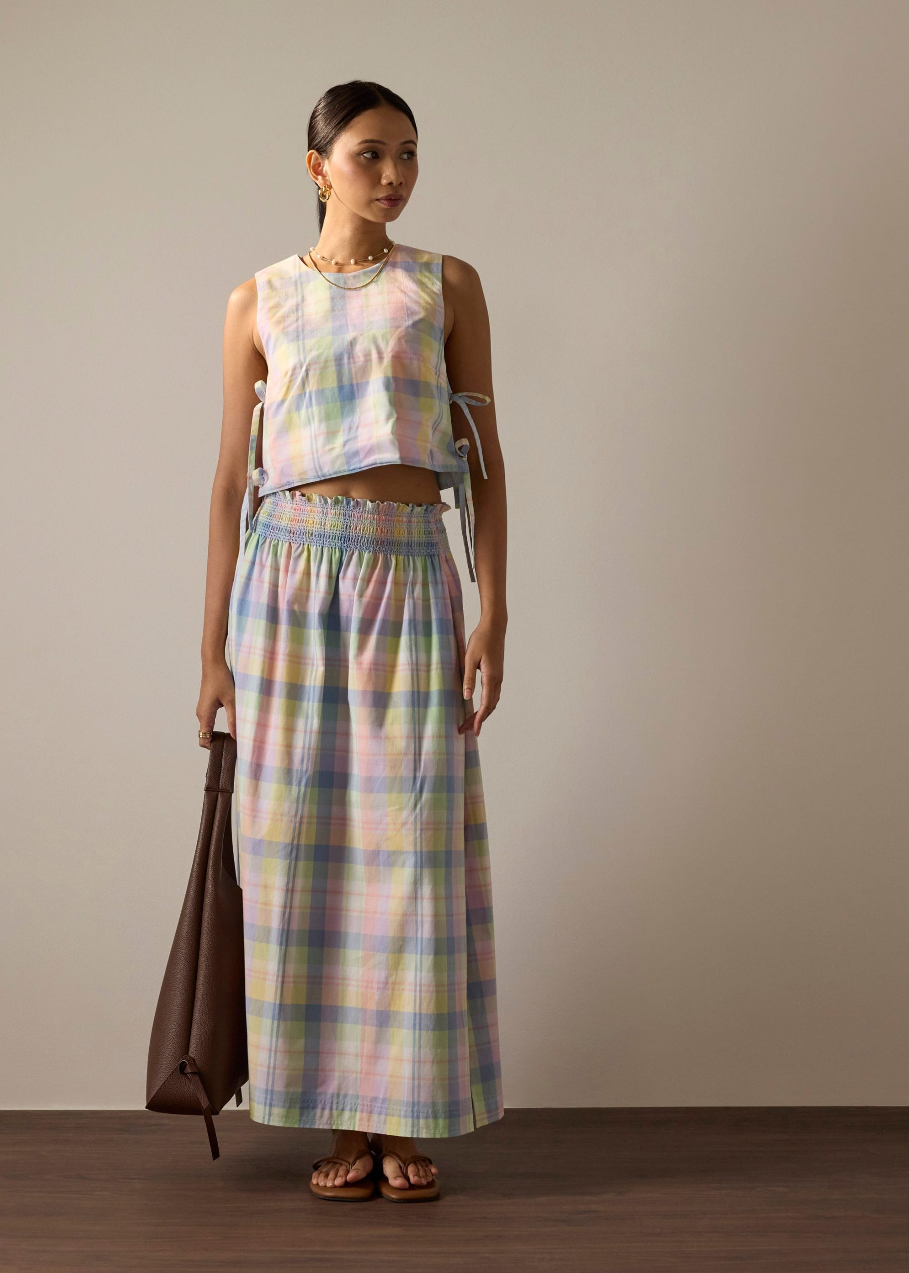 Checkered Cotton Flare Maxi Skirt - Image 13