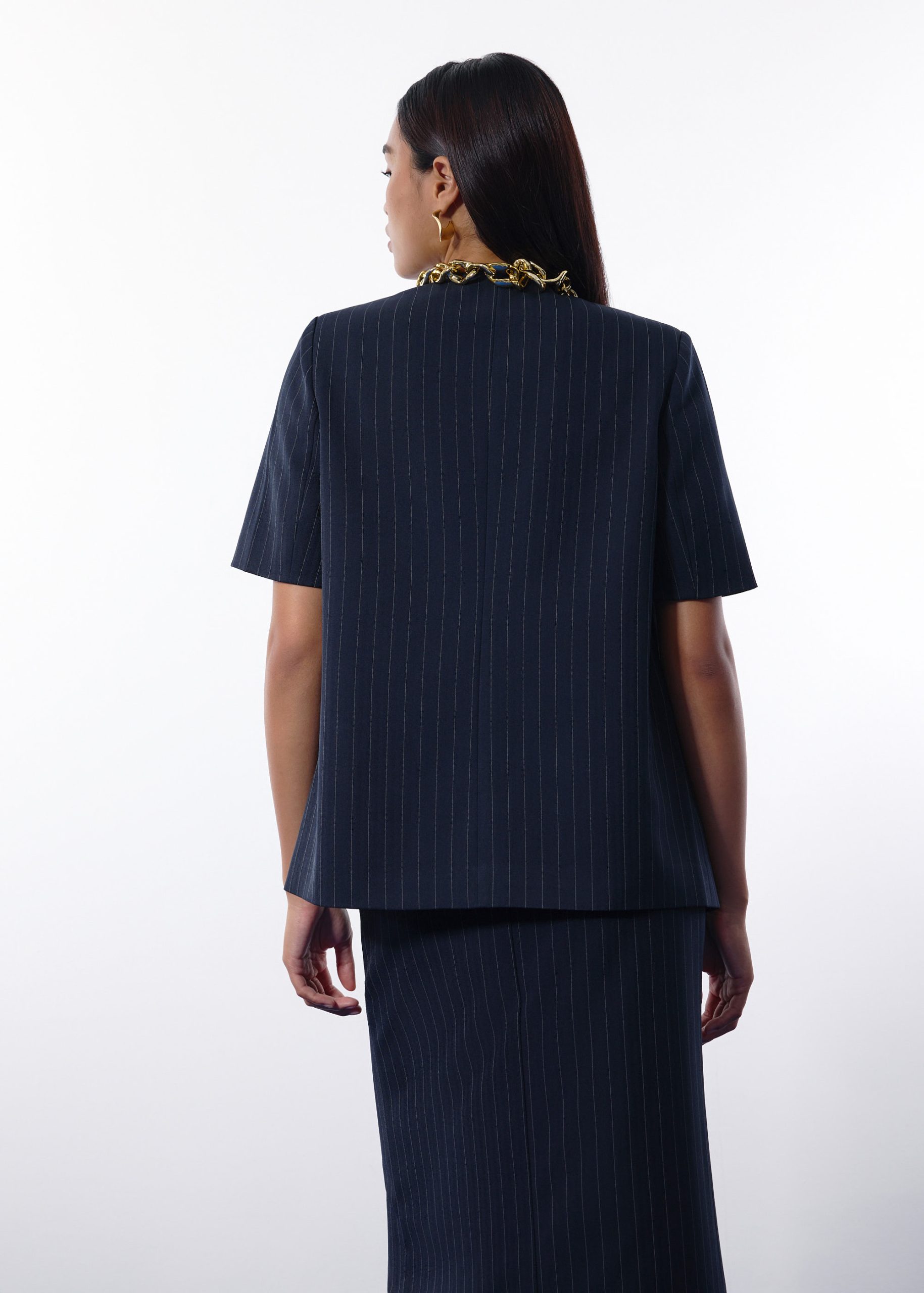 Dylan Pinstripe Collarless Boxy Blazer - Image 10
