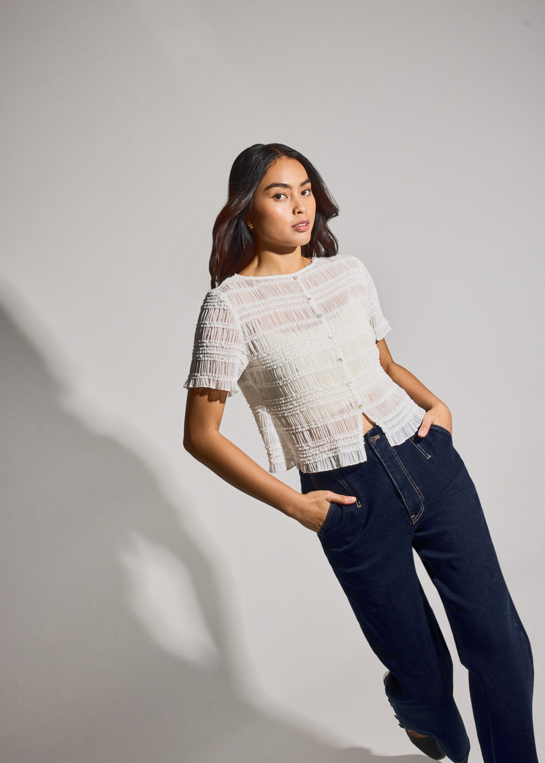 Sheer Crinkled Boat Neck Fitted Button Down Top - Image 11