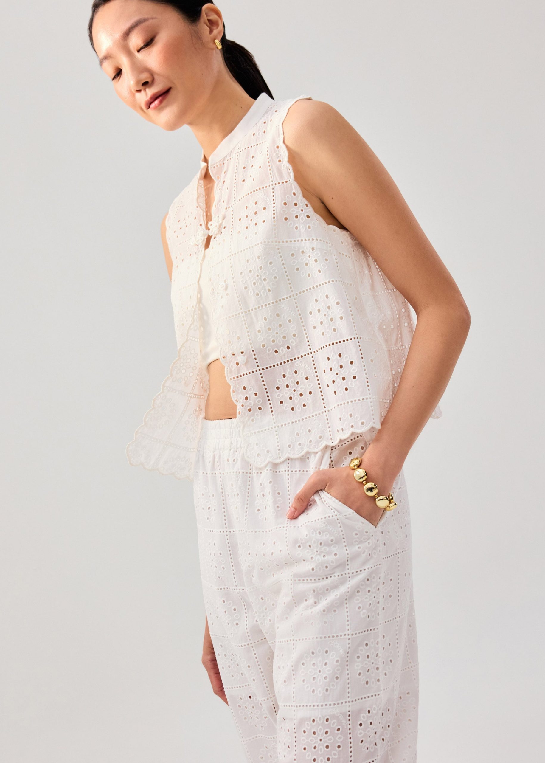 Cotton Broderie Mandarin Collar Top - Image 5