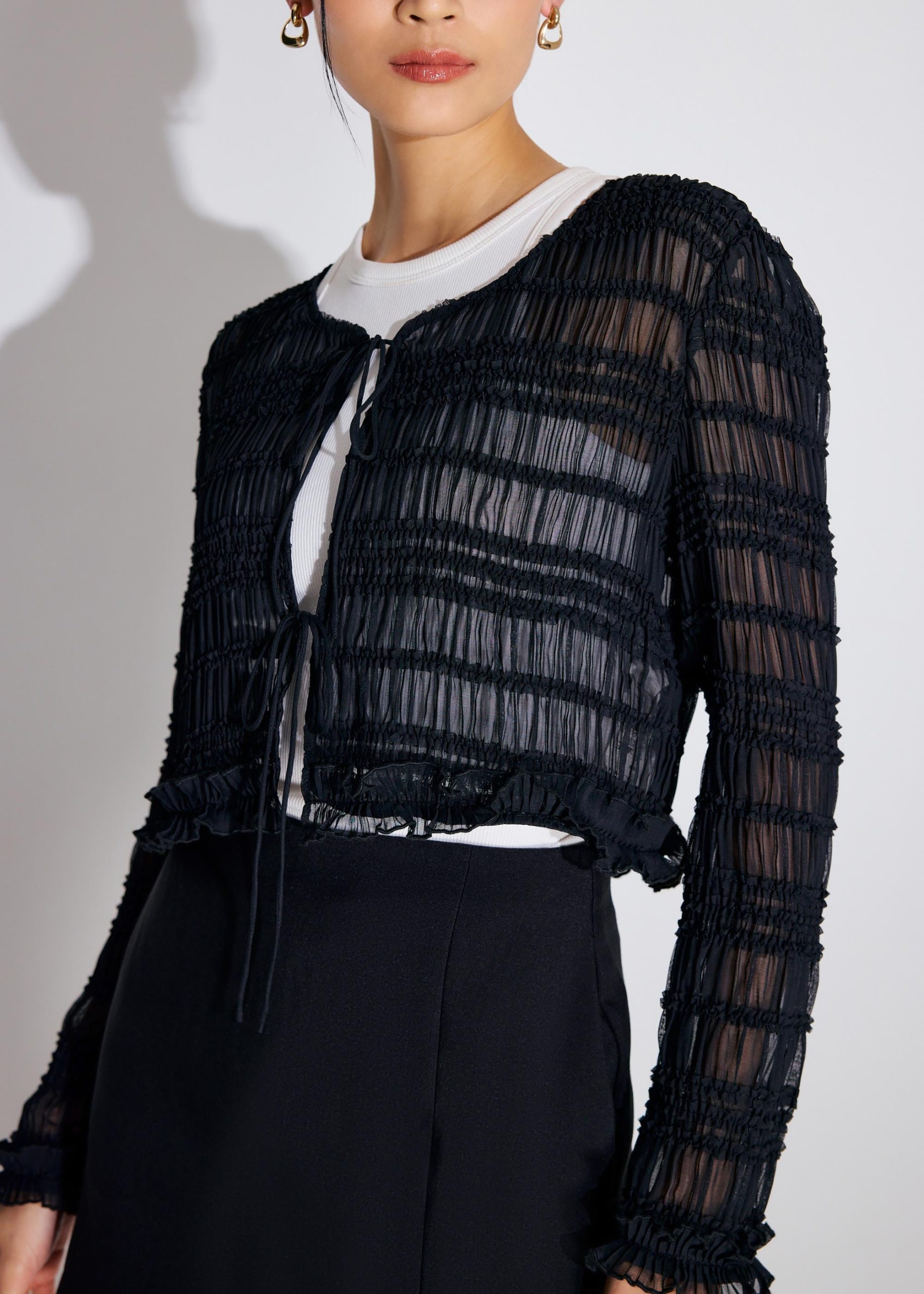 Crinkled Round Neck Crop Cardigan - Image 2