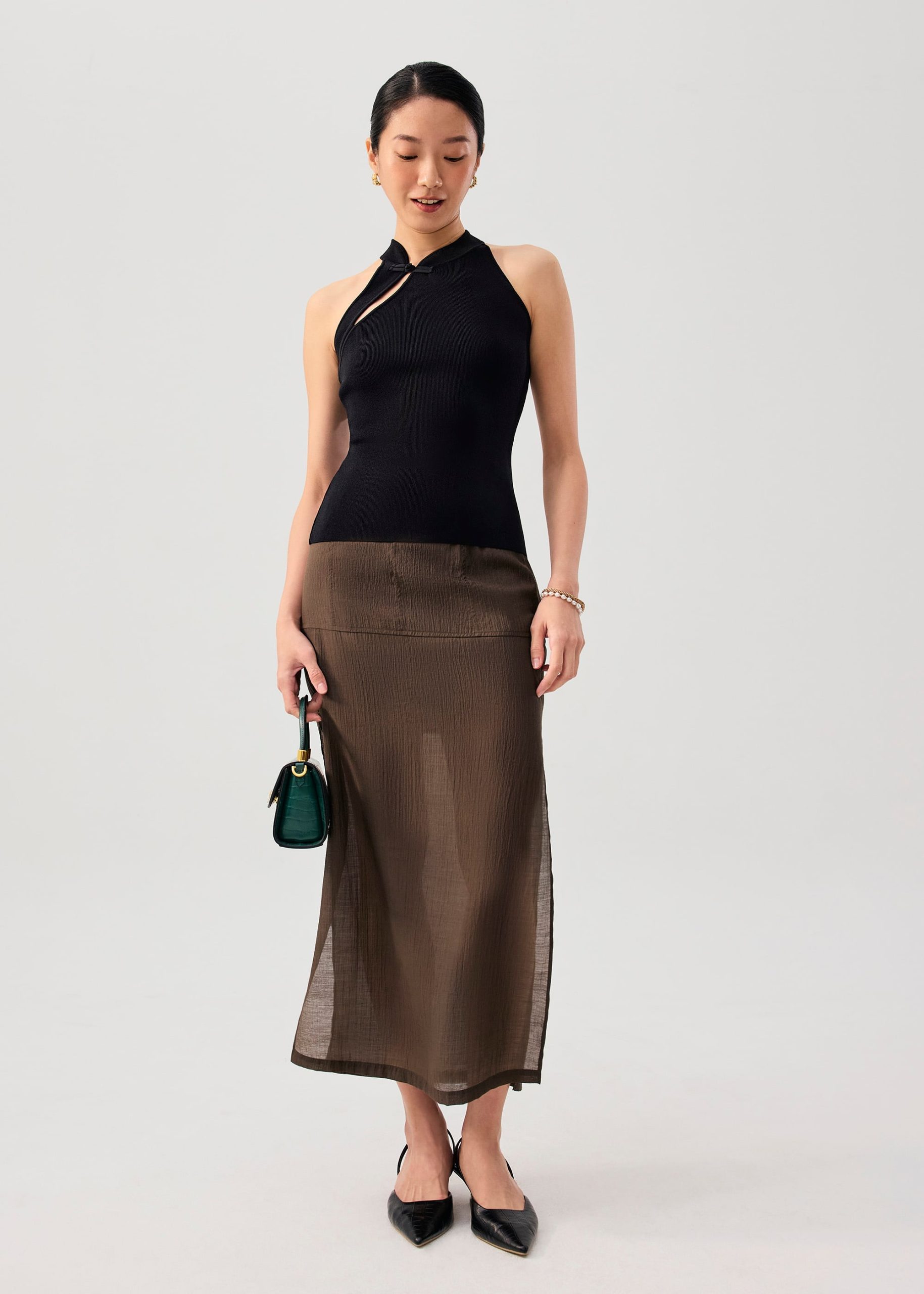 Knit Mandarin Collar Fitted Top - Image 2